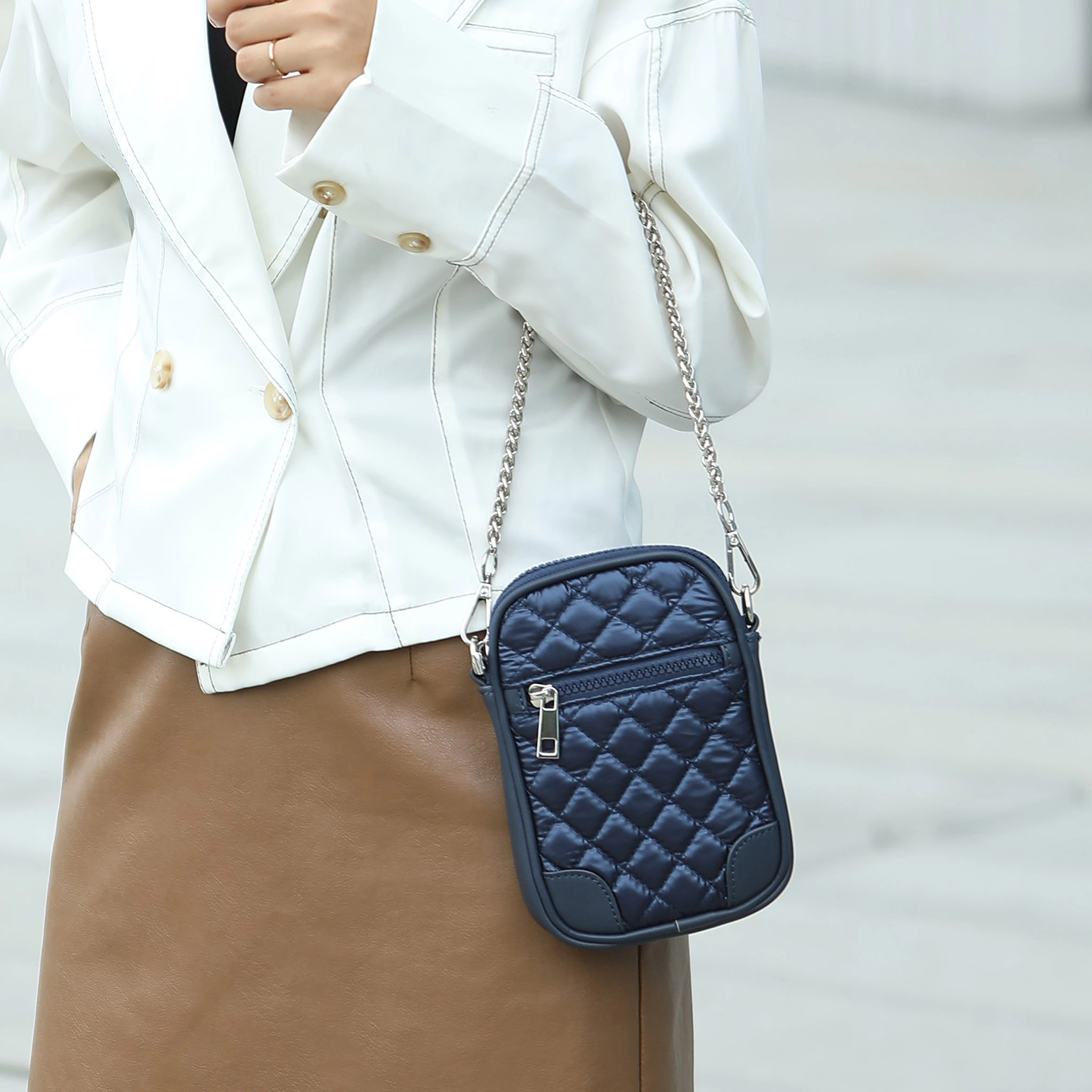 Mia K Collection Betty Compact Smartphone Crossbody Bag - Quilted Metallic Nylon with Vegan Leather