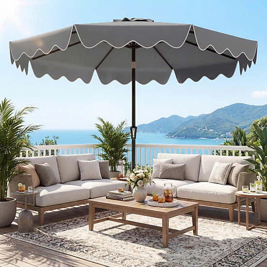 SUGIFT 9 x 8 ft Gray Ruffled Market Patio Umbrella with Crank Lift, Manual Tilt, Vented Double-Tier Top and 2 Sandbags