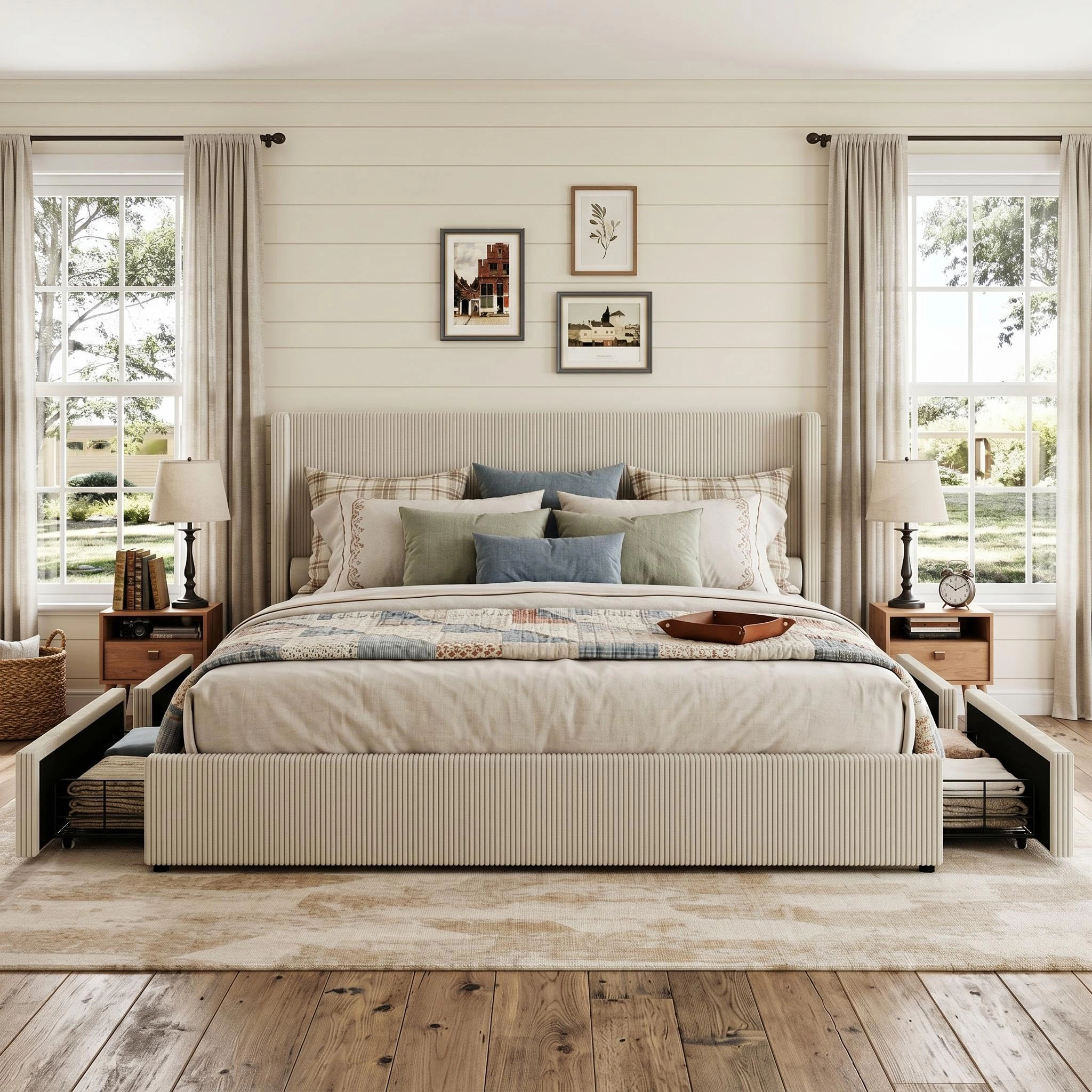 BebreezChic Corduroy Upholstered Bed Frame with Wingback Headboard & 4 Storage Drawers, No Box Spring