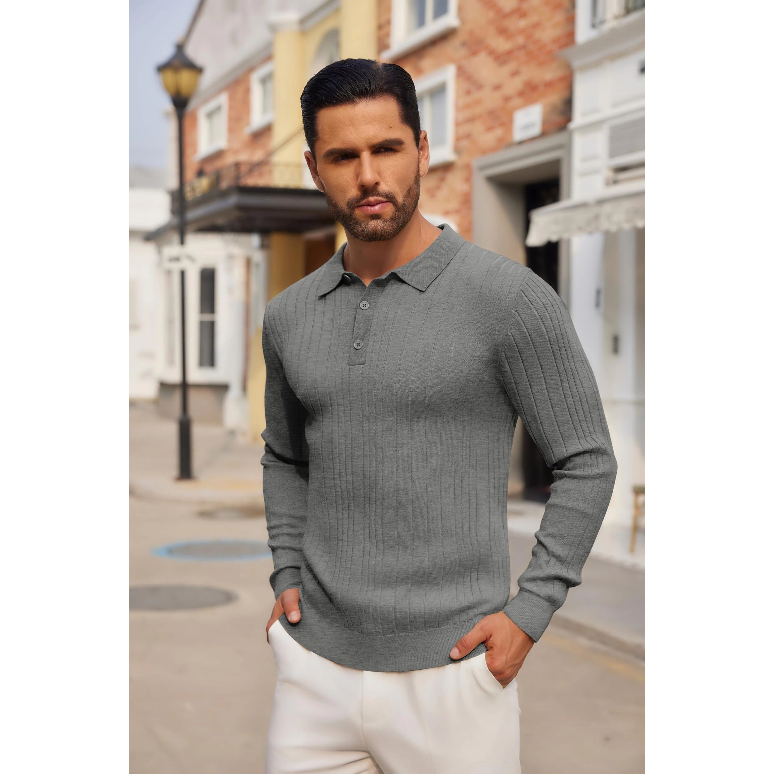COOFANDY Men's Regular Fit Long Sleeve Knit Polo Sweater