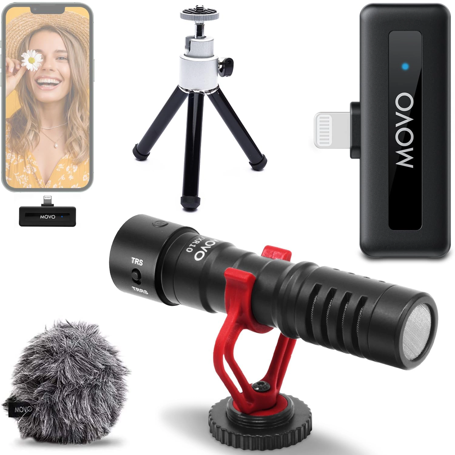 Movo VXR10 Shotgun Mic with WM-VXR10 Wireless Microphone Adapter and Tripod - for Lightning Compatible iPhones iPads
