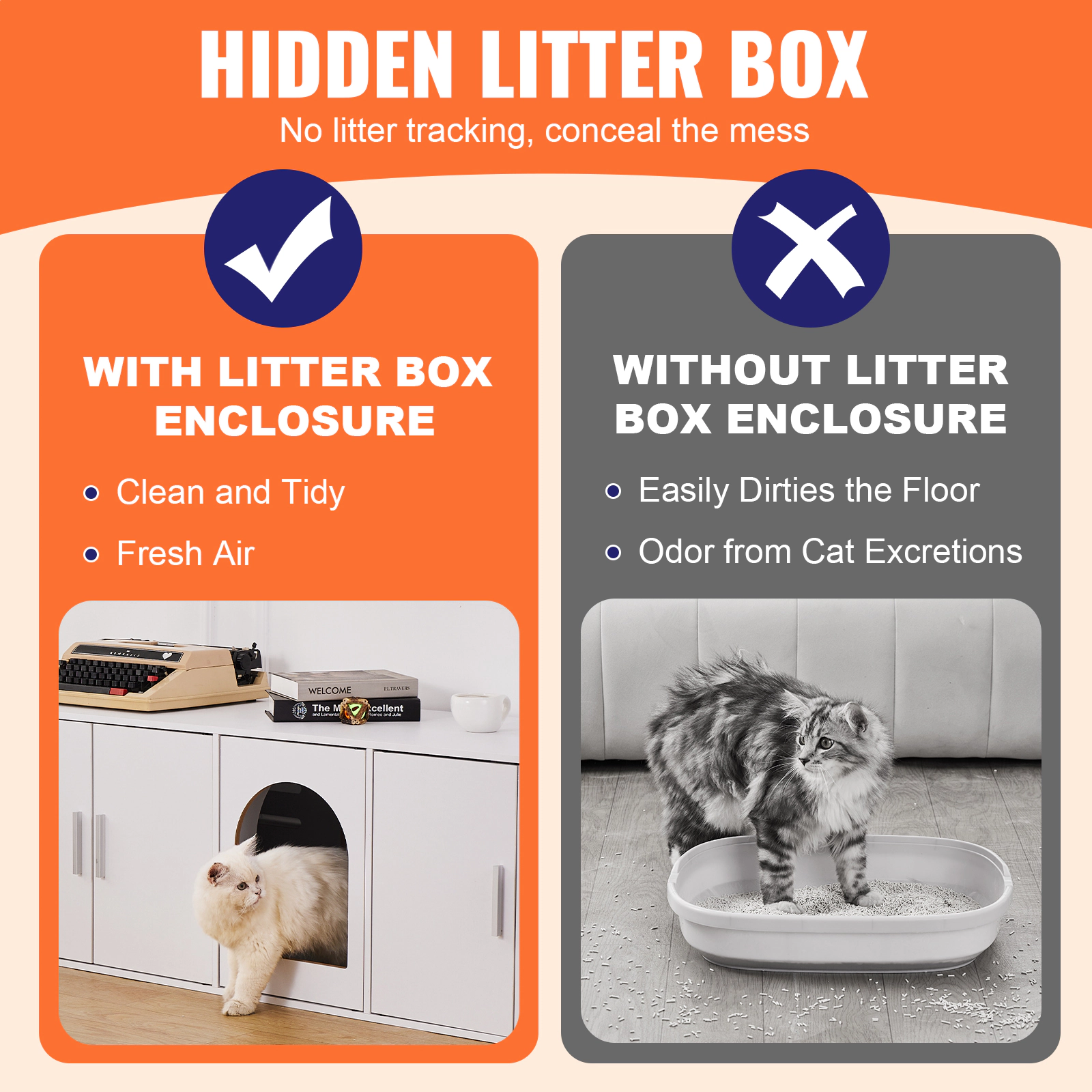 HONGGE Cat Litter Box Enclosure for 2 Cats Litter Box Furniture Hidden with Wooden Cat Box Cabinet Fit Most of Litter