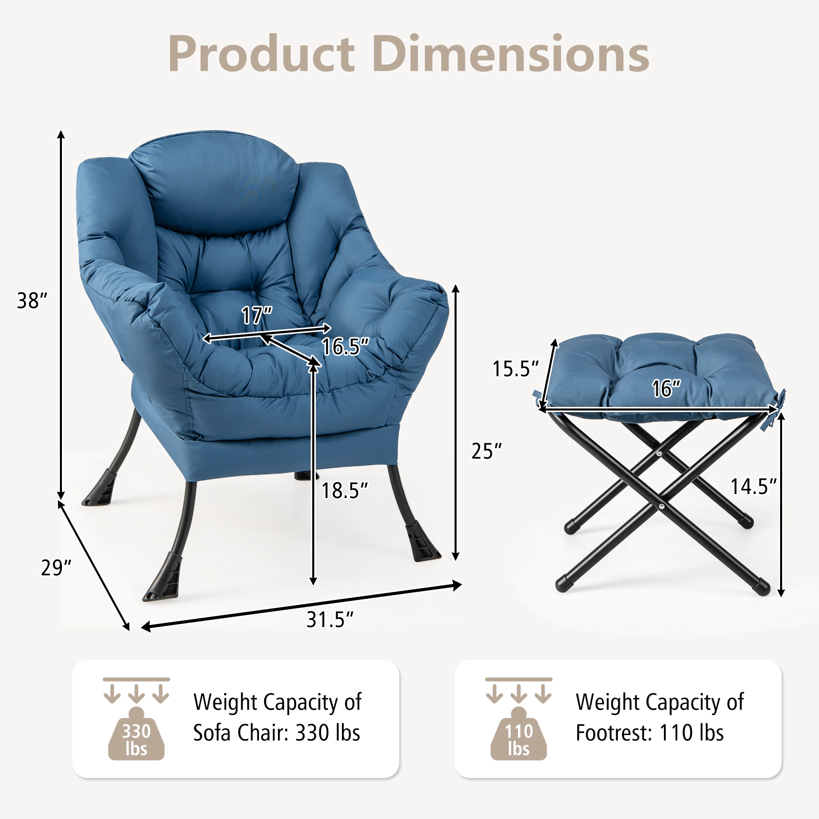 SUGIFT Modern Accent Sofa Chair with Folding Footrest & Side Pocket 330-lb Chair Capacity 110-lb Footrest Capacity Navy