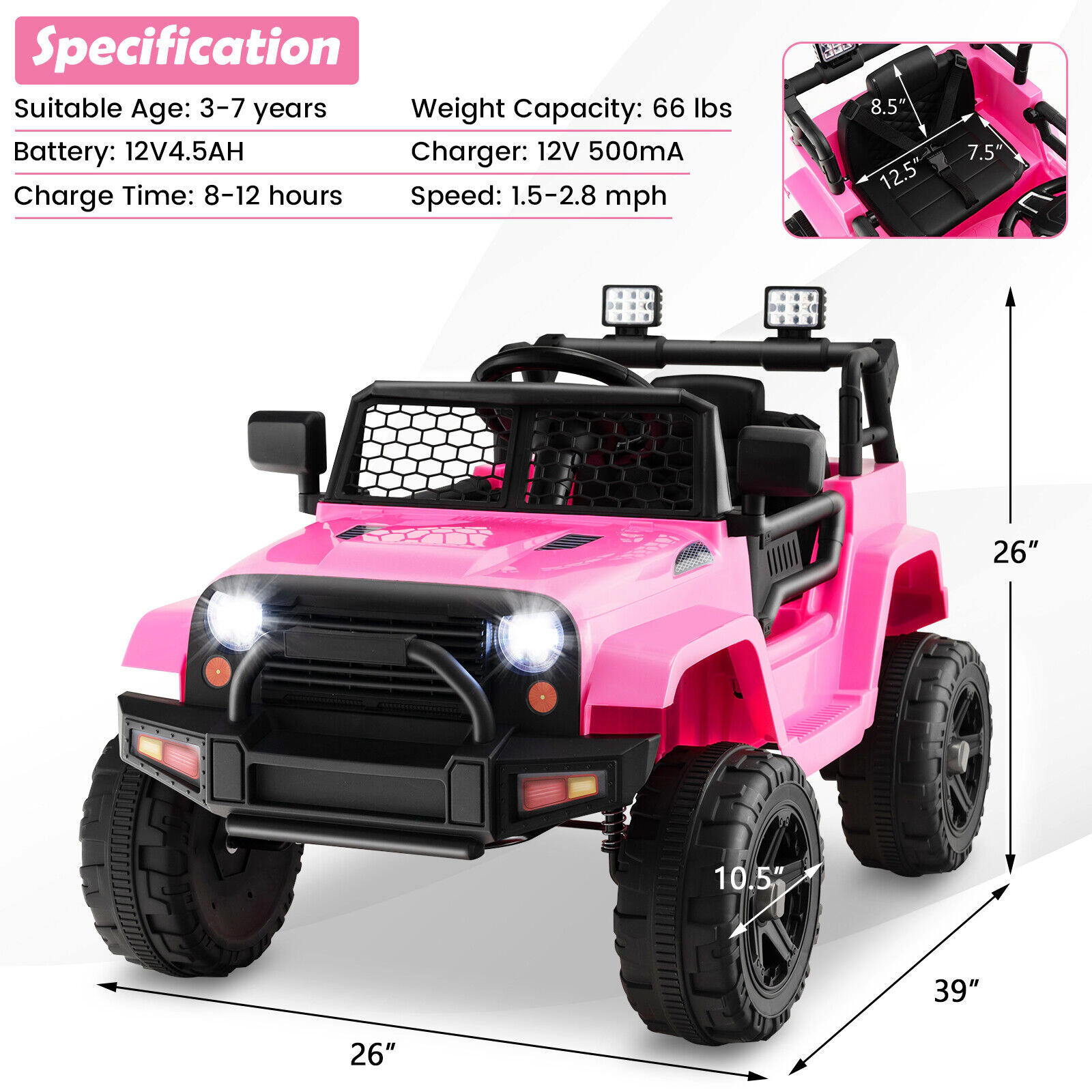 SUGIFT 12V Kids Ride On Truck Remote Control, Headlights & Spring Suspension 66-lb Capacity Ages 3-7 Seat Belt White