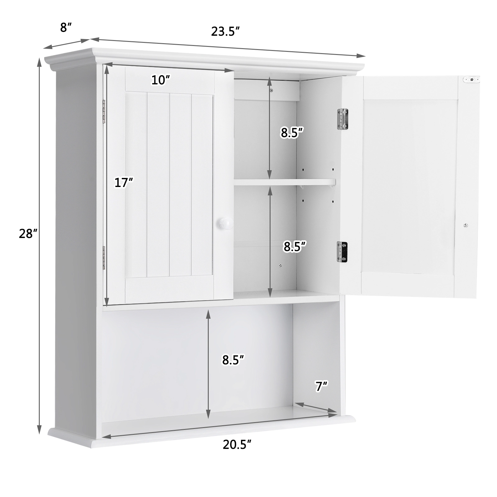 SUGIFT 2-Door Wall Mount Open Shelf MDF Bathroom Storage Cabinet 23.5-in x 8-in x 28-in 11-lb per Tier White