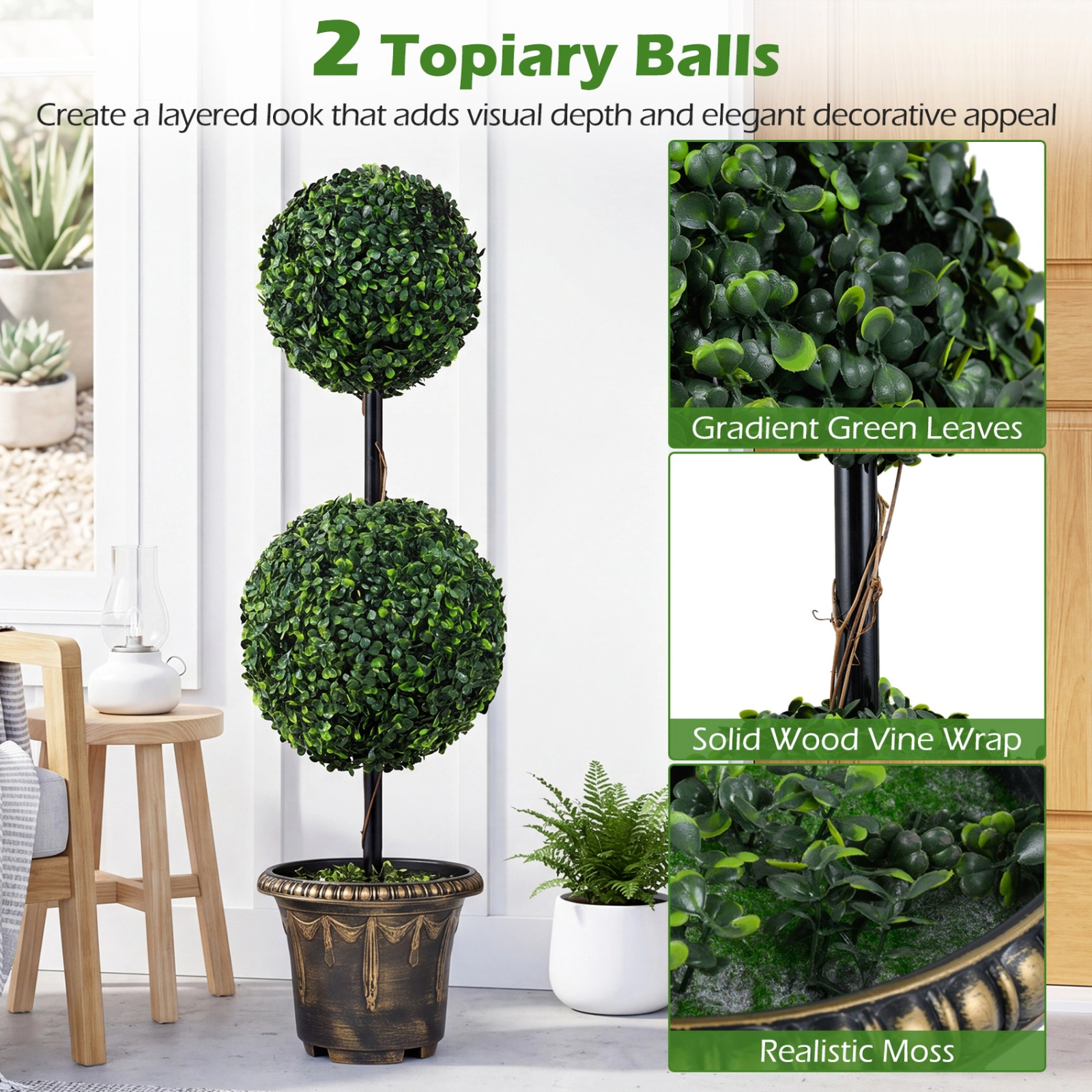SUGIFT Artificial Double Ball Boxwood Topiary Tree with Gradient Leaves and Metal Trunks 1-Pc Green Black Golden