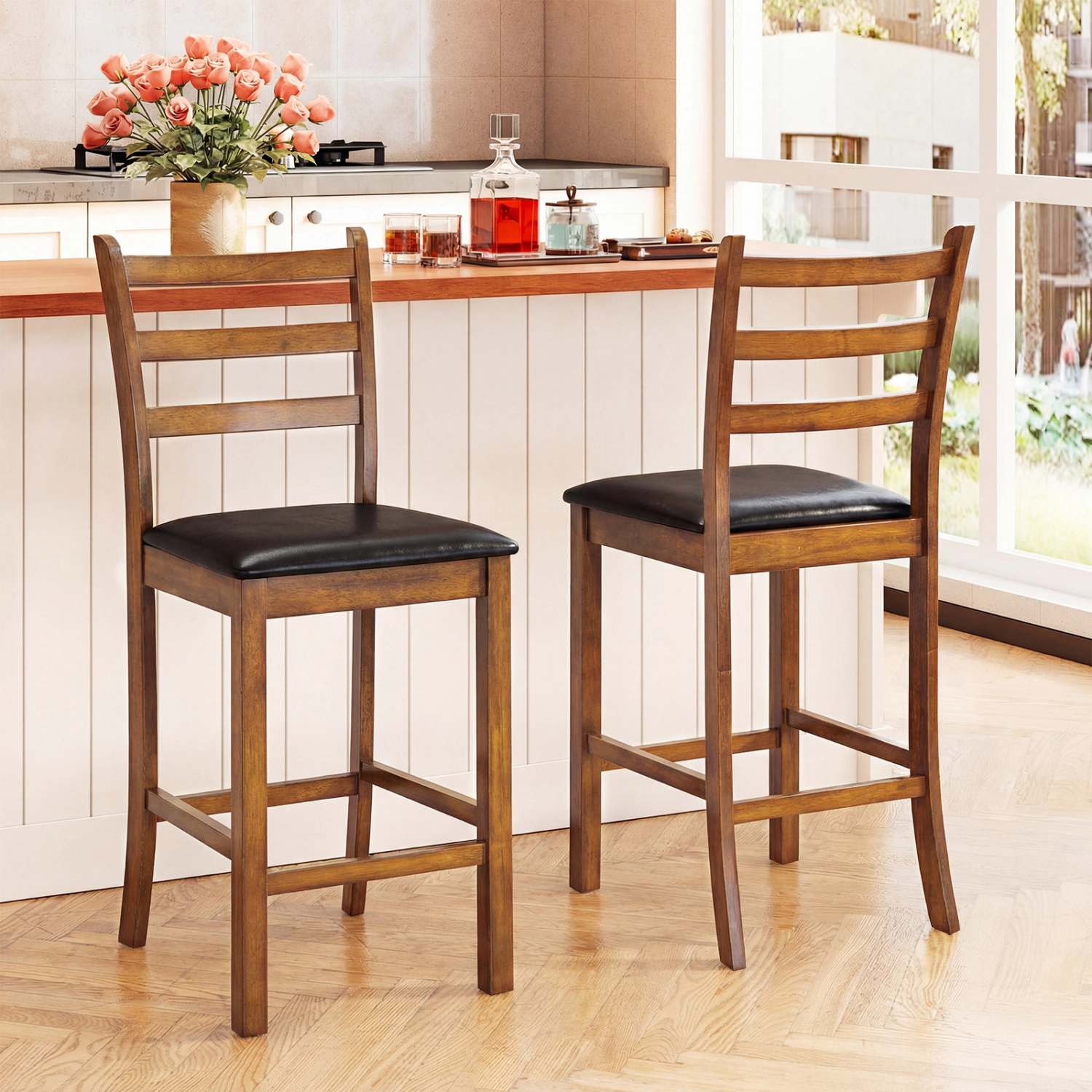 LJG Rubber Wood Ladder Back Bar Stools Set of 2 24inch Counter Height Kitchen Island High Chairs