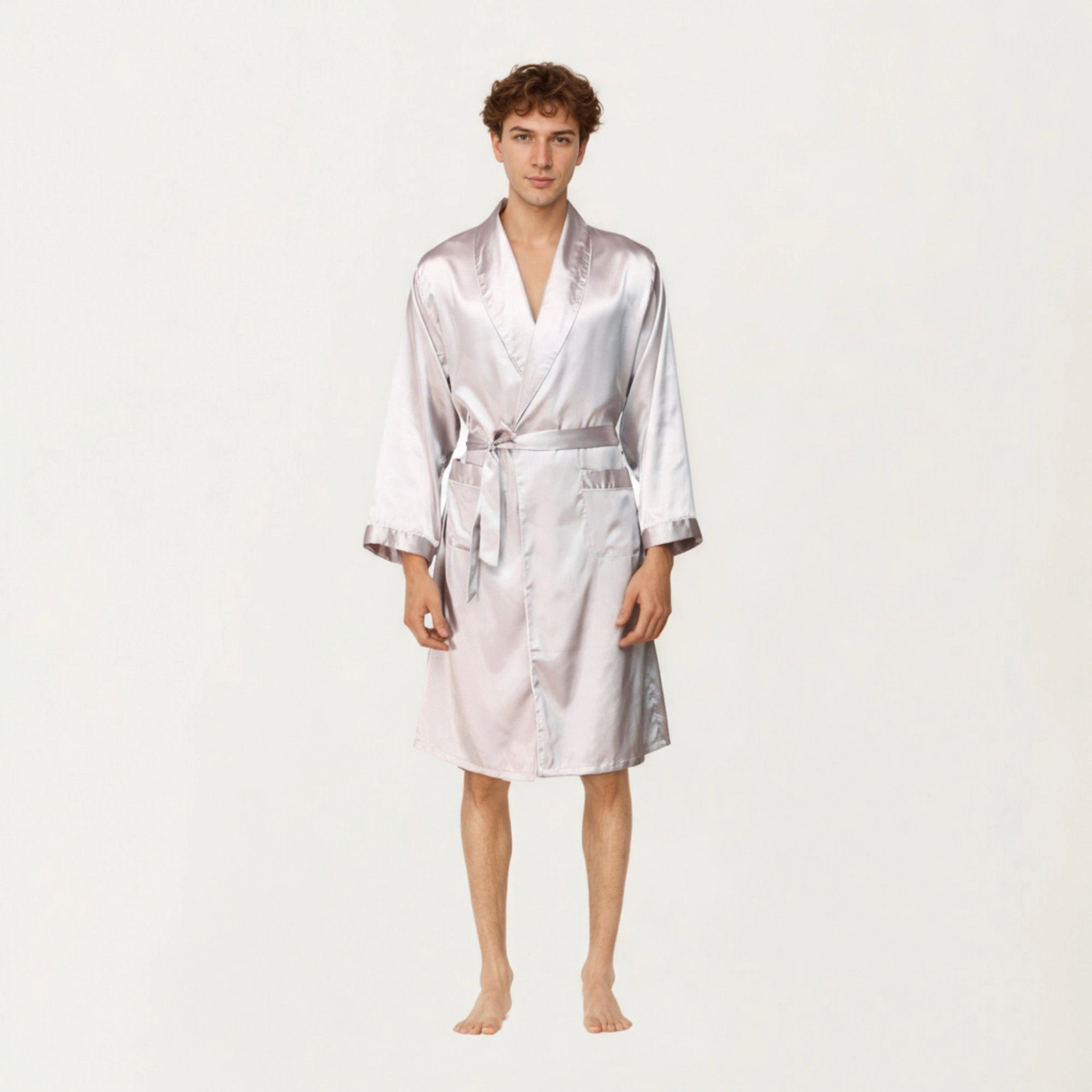 Anna-Kaci Men's Satin Robe with Shawl Collar Waist Tie and Front Pockets