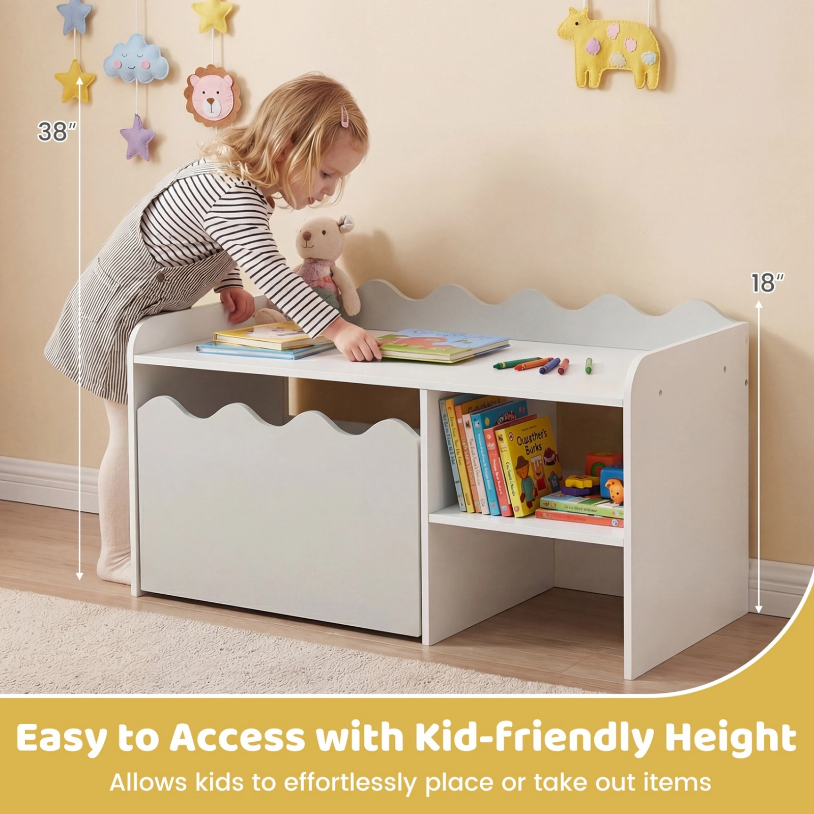SUGIFT Kids Scalloped Rolling Toy Box Storage Bookshelf 35-in x 16-in x 18-in 77-lb Top Capacity Ages 3+ Gray