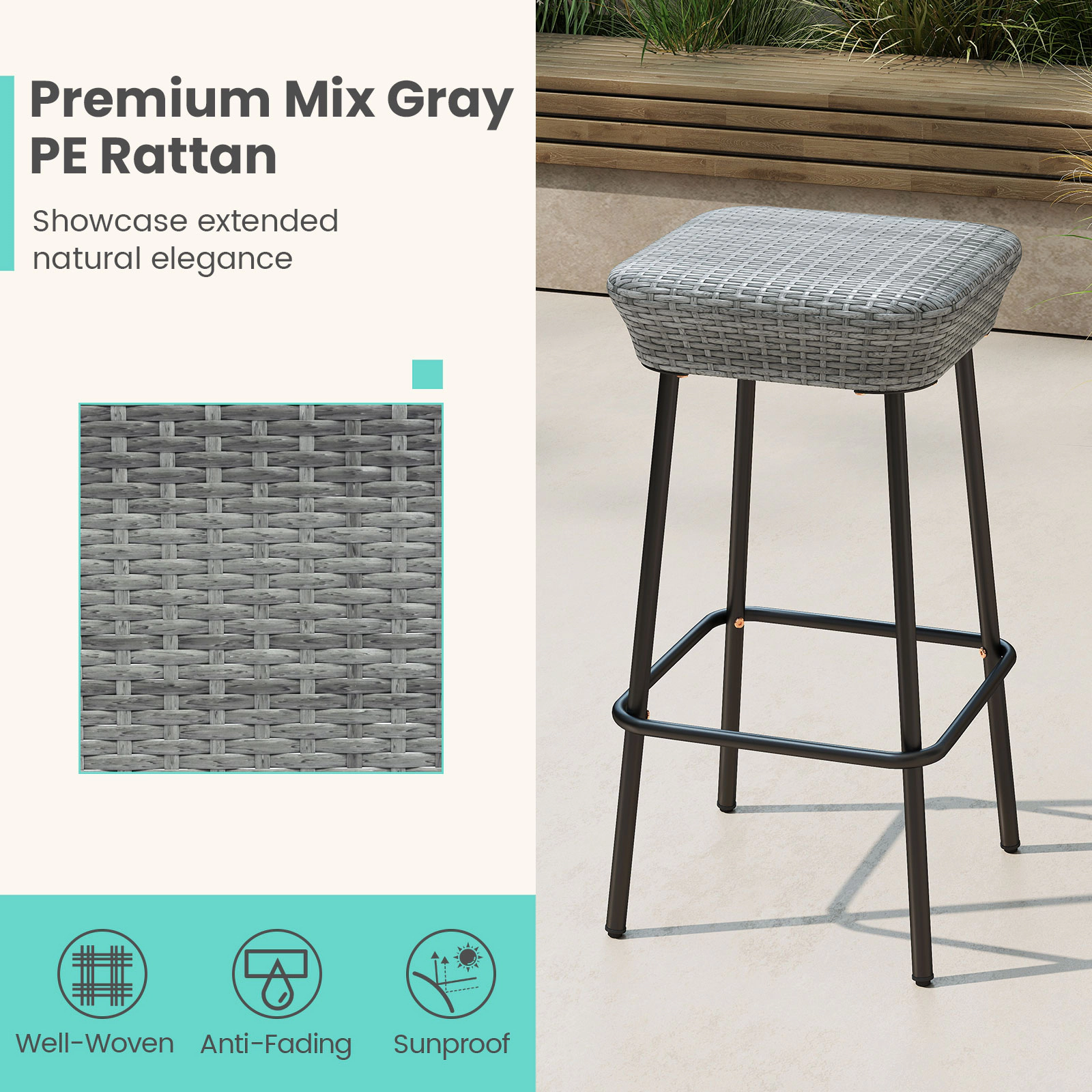 SUGIFT Gray Woven Rattan Seat and Footrest Set of 2 29.5 Inch Patio Bar Stool