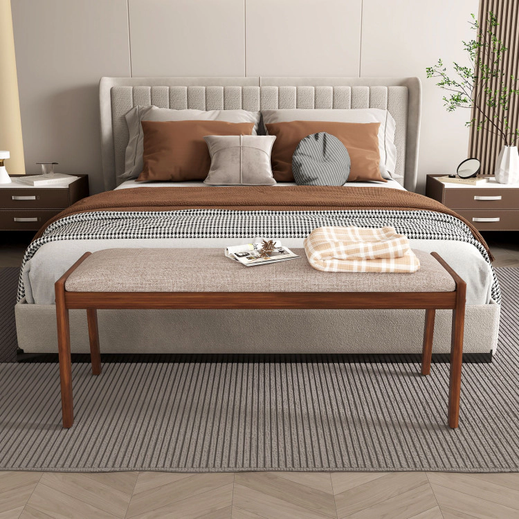 Hivvago 45 Inch Farmhouse Backless Bench with Rubber Wood Legs and Fabric Padded Seat-Beige
