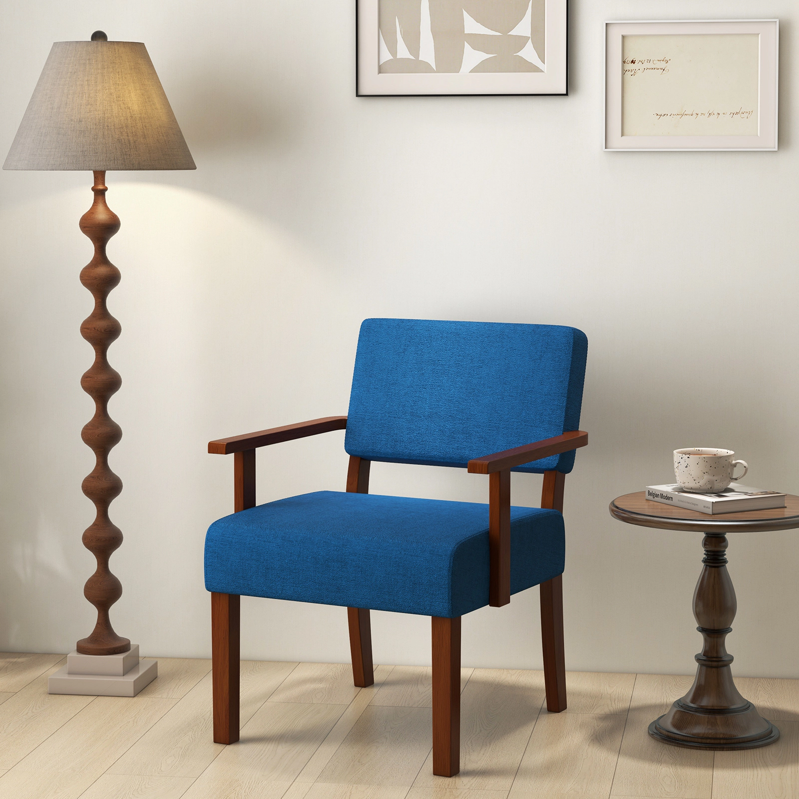 SUGIFT Blue Linen Upholstered Club Armchair with 6-Inch Padded Seat, Rubber Wood Frame