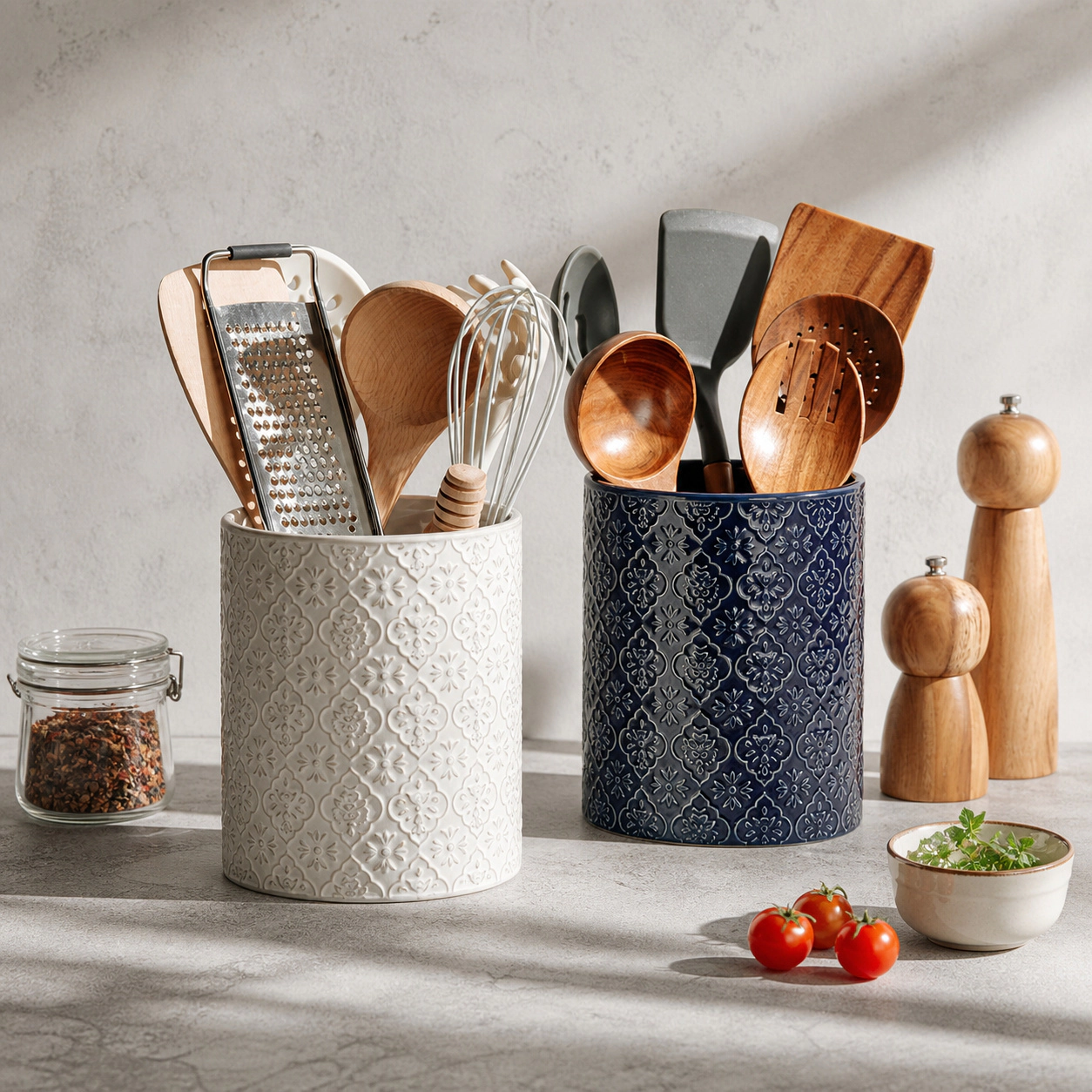 WZK Large Ceramic Embossed Crock Kitchen Utensil Holder