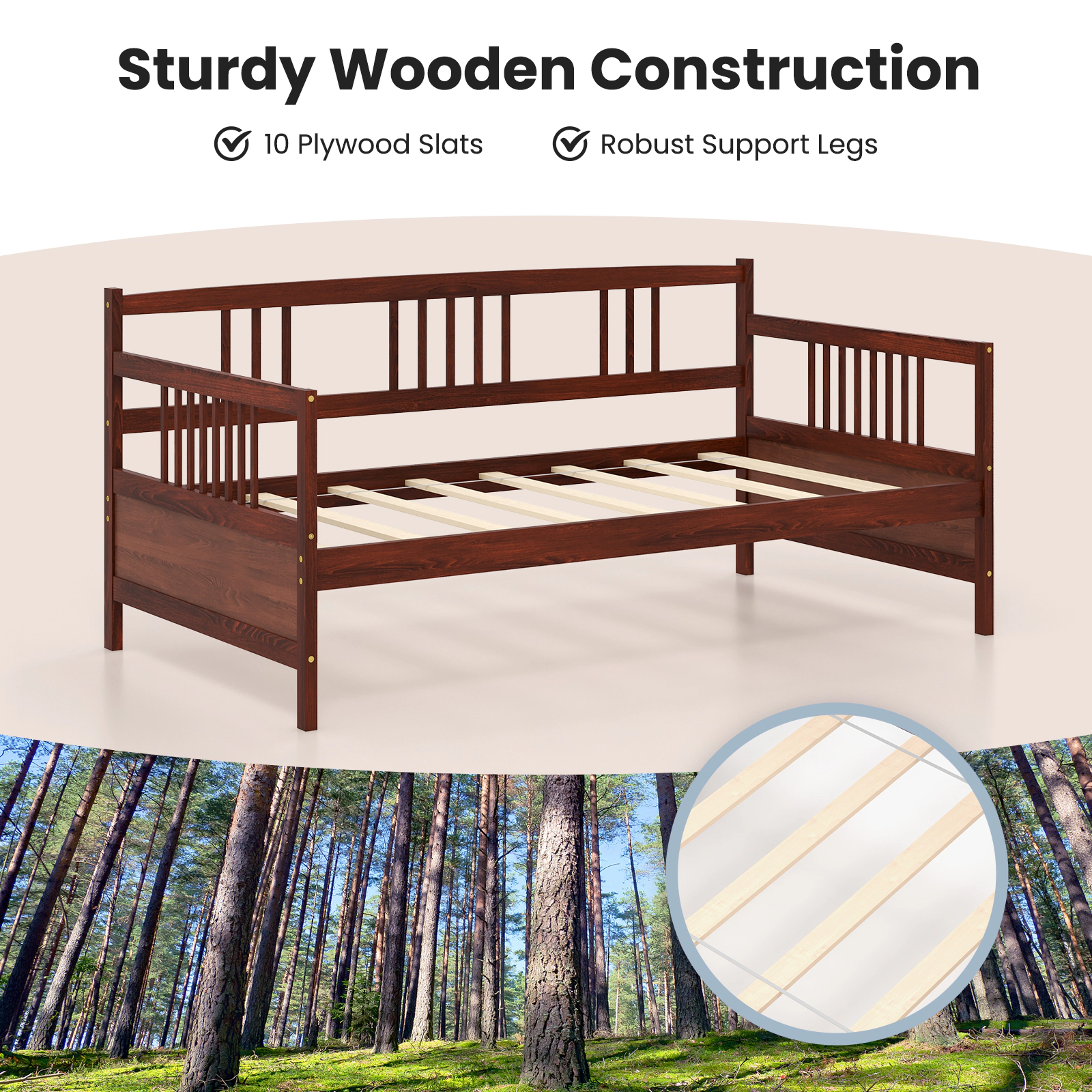 Twin Size Cherry Wood Daybed Frame with Back and Arm Rails Pine Sofa Bed with 10 Slats Fits Optional Pull-Out Trundle