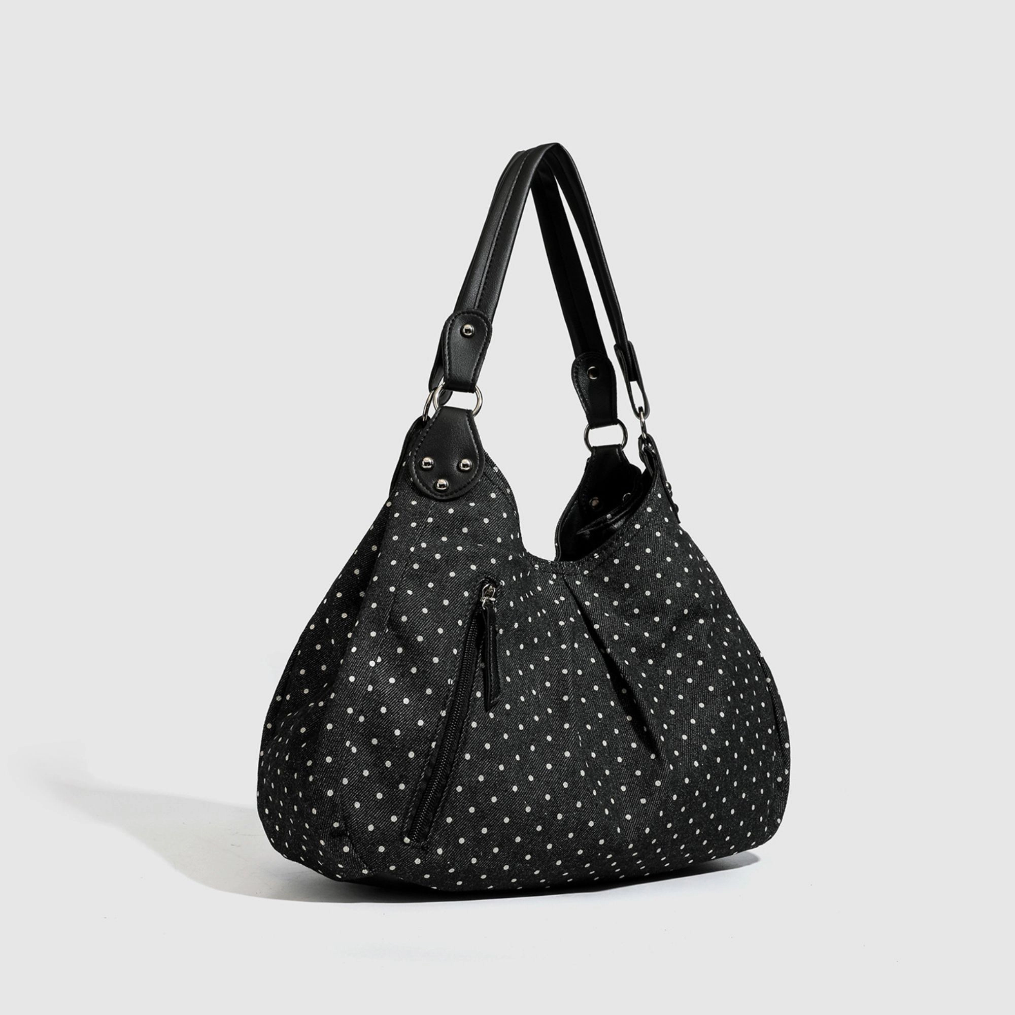 Alilang Women's Polka Dot Hobo Shoulder Bag with Front Zipper Pocket, Black