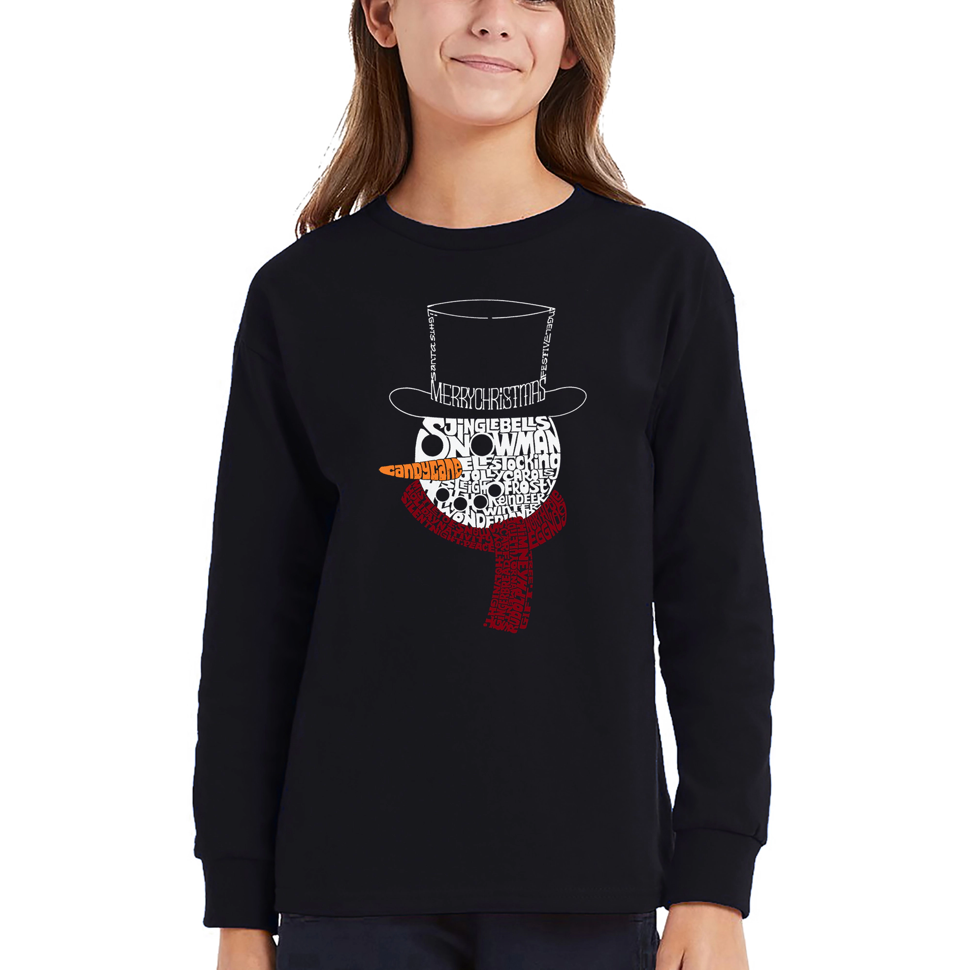 LA Pop Art Girls Long Sleeve Word T-Shirt - Snowman Face