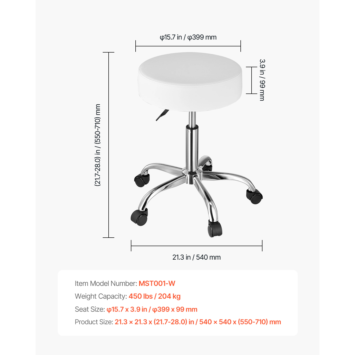 HONGGE Rolling Stool with Wheels 450 LBS Weight Capacity Round Rolling Stool Chair Height Adjustable Thickened PU