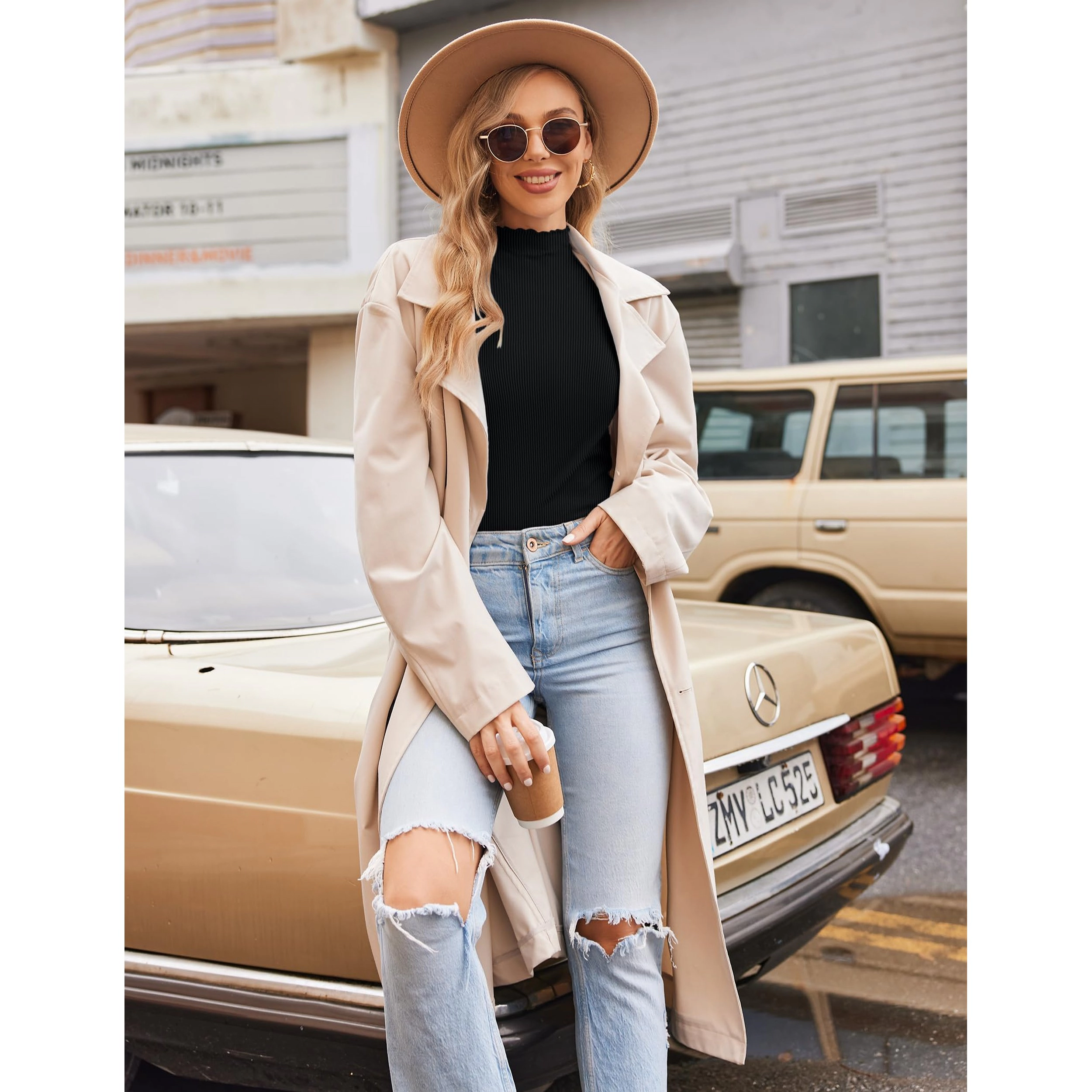 Ekouaer Womens Turtleneck Shirt Ribbed Long Sleeve Mock Neck Tops Slim Fit Lettuce Trim Base Layer