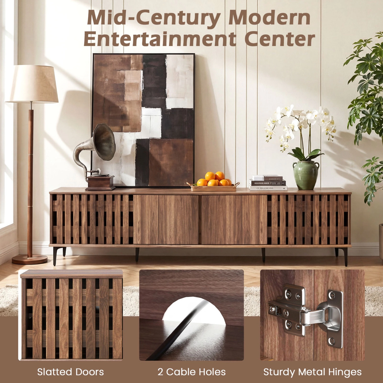 SUGIFT Mid Century Modern Entertainment Center TV Stand with 4 Storage Cabinets 71-in Wide 190-lb Tabletop Walnut