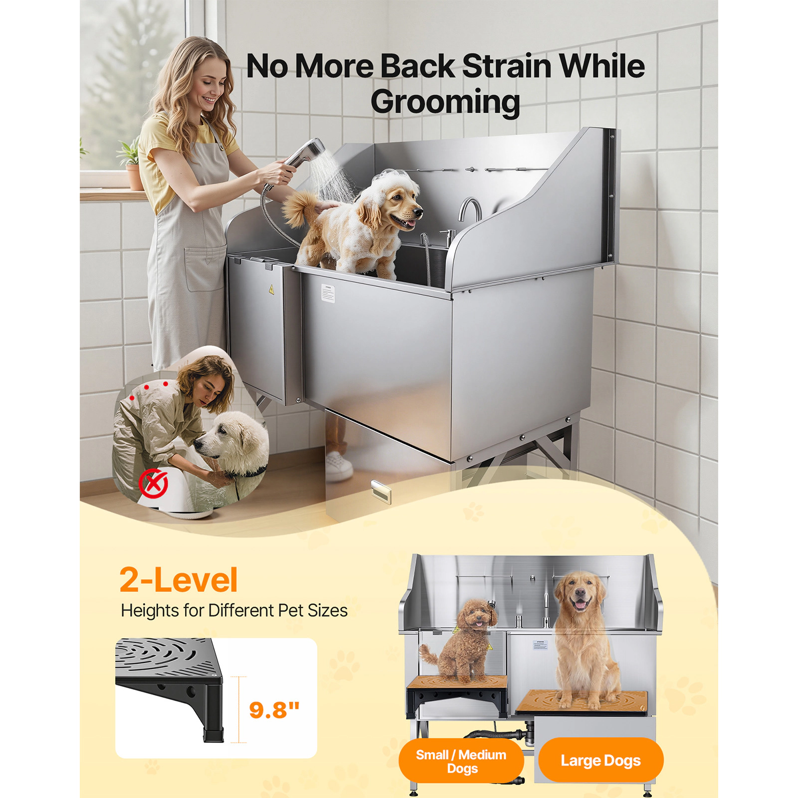HONGGE 304 Stainless Steel Dog Washing Station, Pet Grooming Tub with Non-Slip Low-Slope Ramp, Storage Drawer