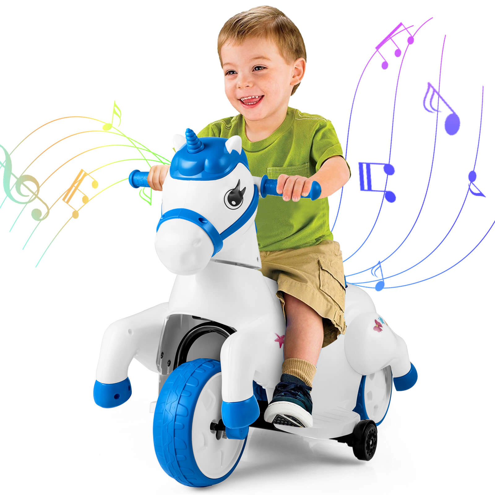 Costway 12V Kids Ride on Unicorn Toy w/ Training Wheels Music One-button Start Horse