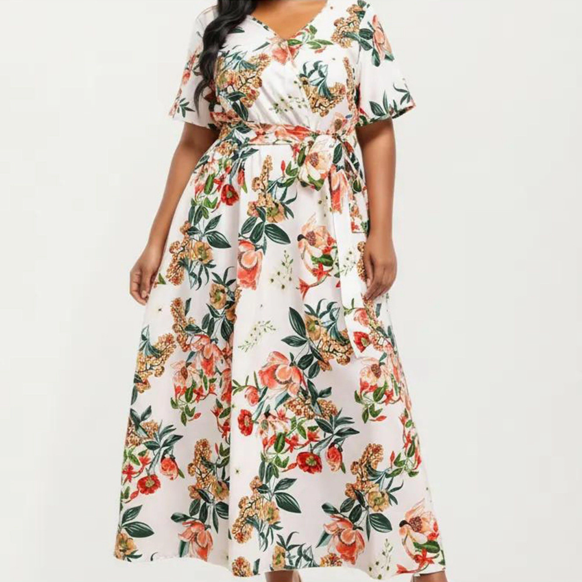 Anna-Kaci Women's Short Sleeve V Neck Floral Print Waist Tie Flowy A Line Long Maxi Dress