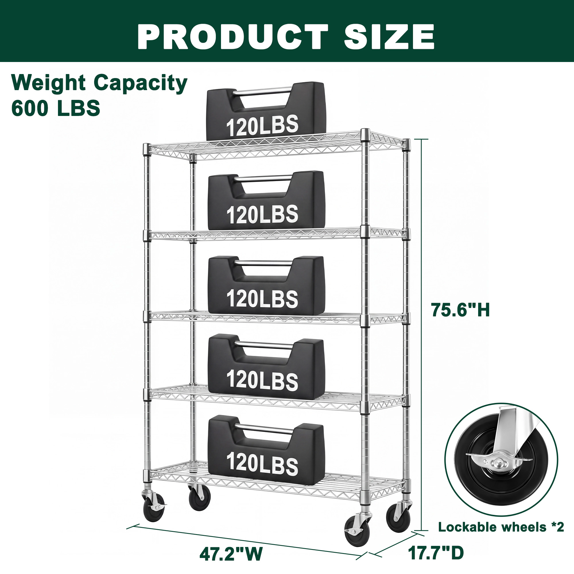 Flynama 5 Tier Chrome Wire Shelf 47.2 x 17.7 x 75.6 in Heavy Duty Adjustable Rack for Garage Kitchen, Warehouse