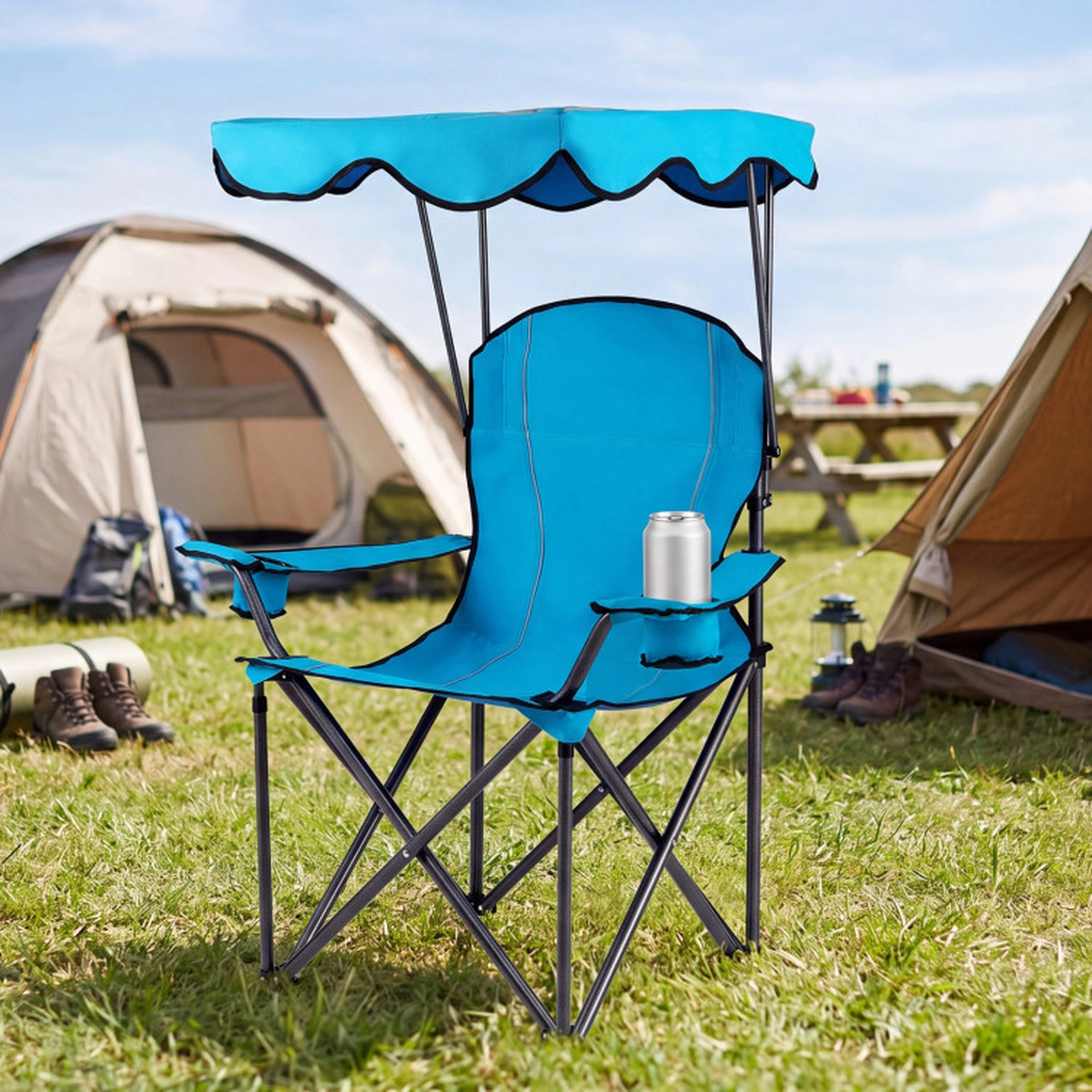 SUGIFT Light Blue Folding Beach Chair with Canopy and Cup Holders 38-in W 26.5-in D 51-in H 265-lb Seat Capacity