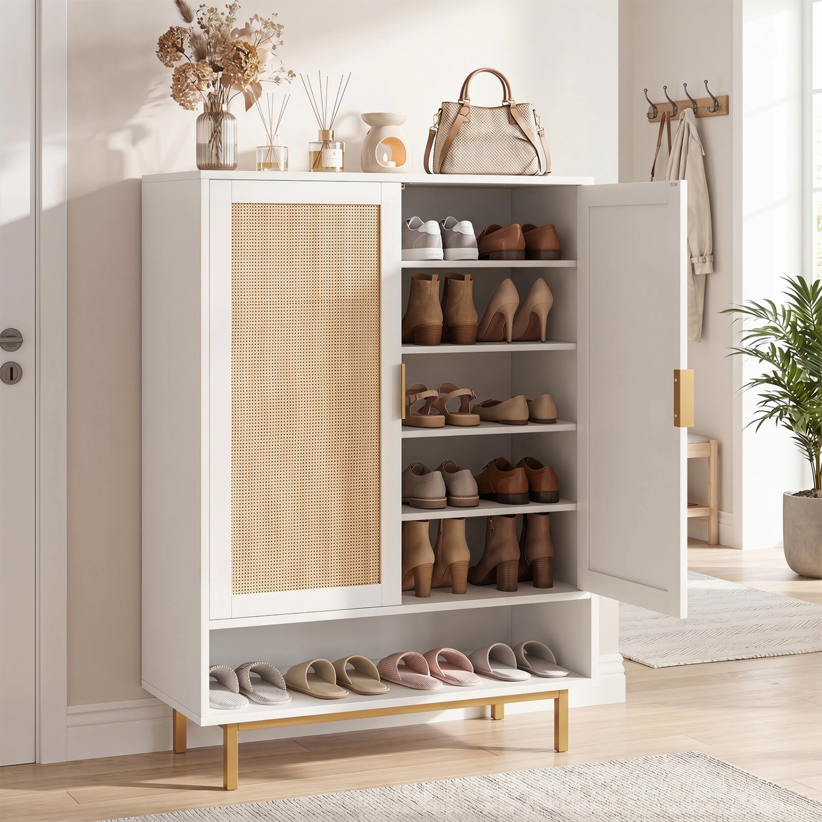 SUGIFT 43-in Tall 6-Tier Shoe Cabinet with Double Doors and Open Compartment 135-lb Capacity White