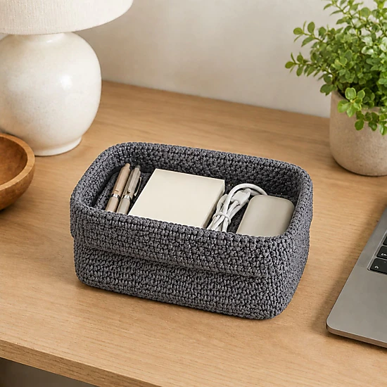 Alilang Unisex Rectangular Woven Storage Basket Foldover Rim Desktop Organizer Bin