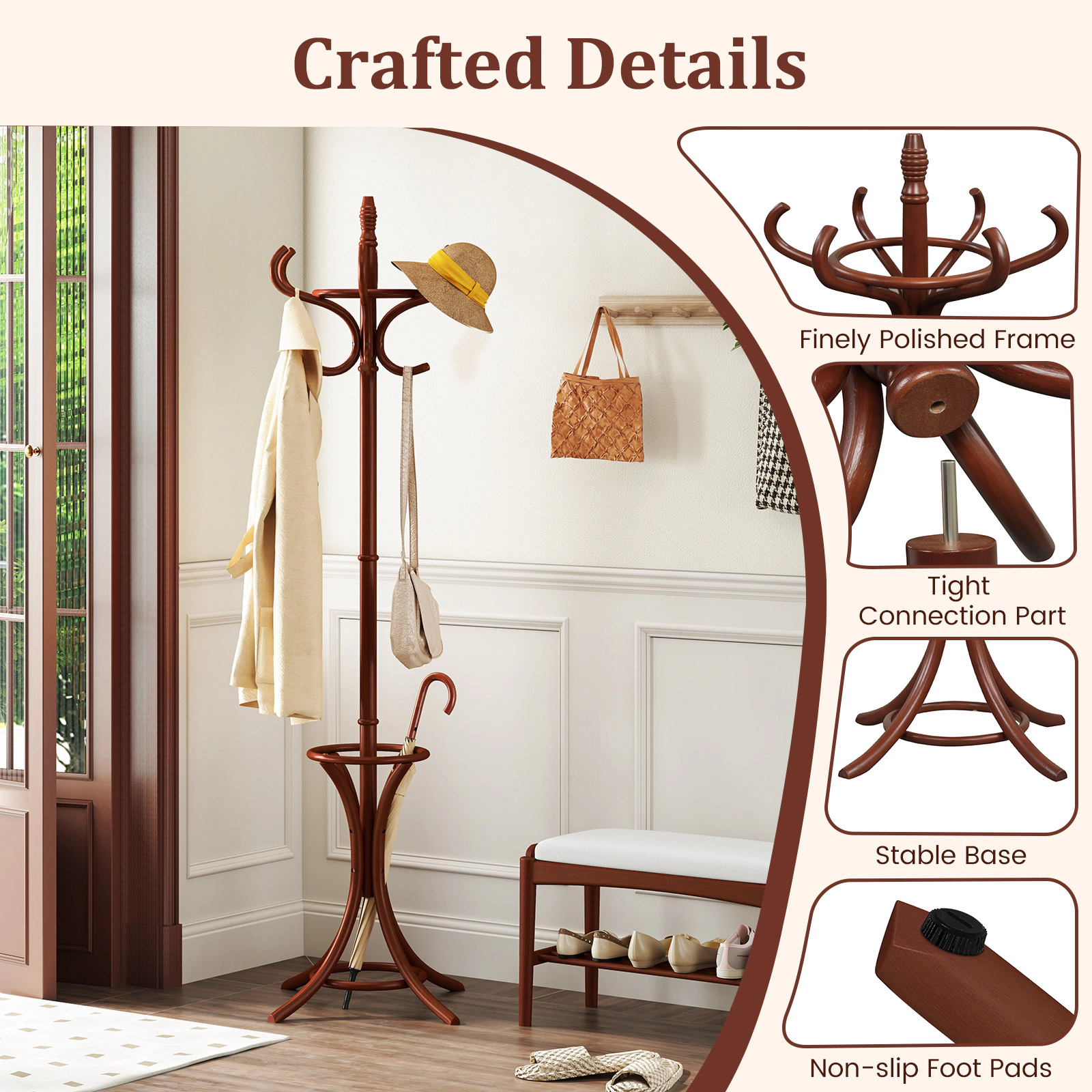 SUGIFT 73-in Tall Birch Wood Standing Hall Tree Coat and Hat Rack with Umbrella Stand and 12 Hooks