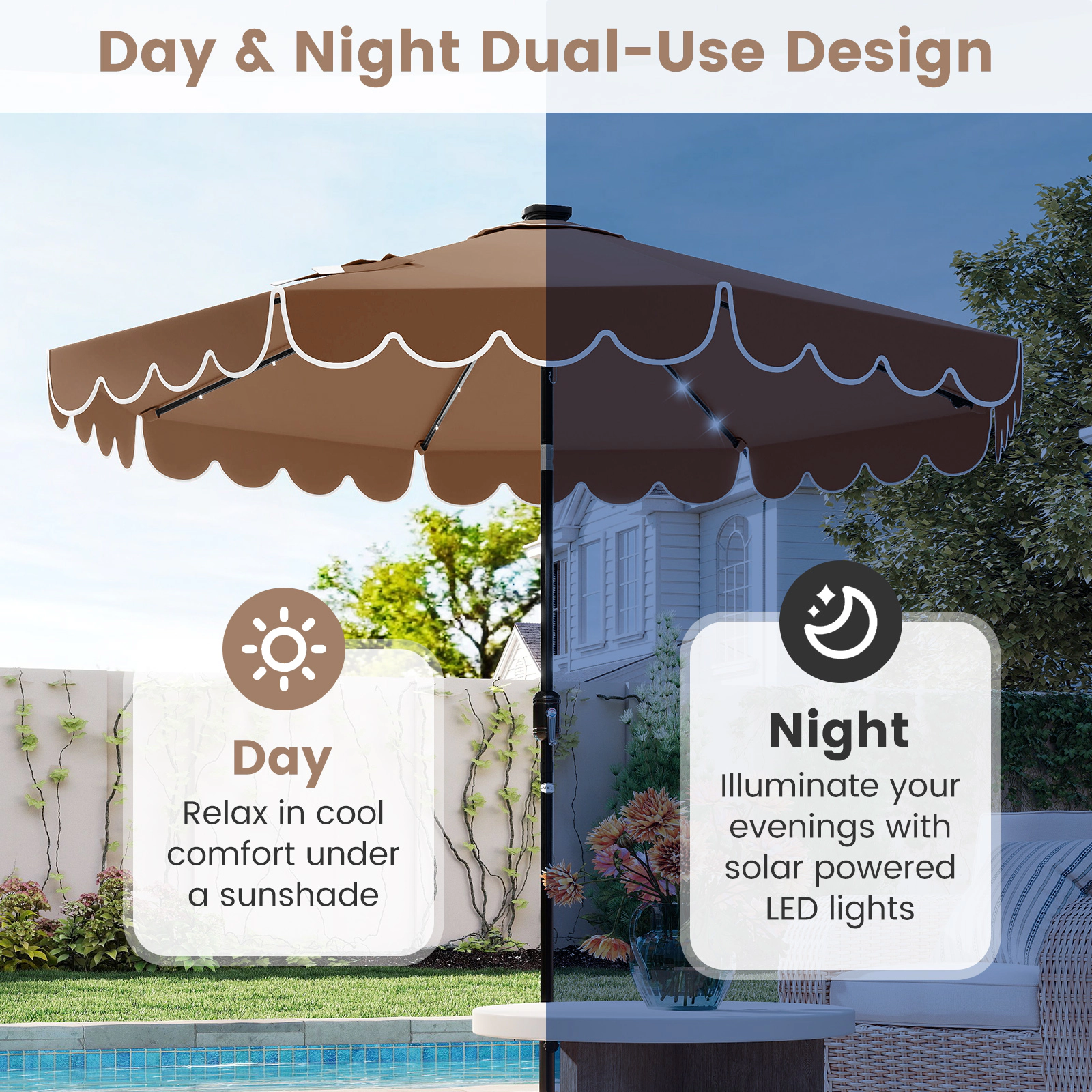 SUGIFT 9.3-ft Solar Patio Umbrella with 24 LED Lights 2-Section Crank Tilt Vented Ruffled Canopy Coffee
