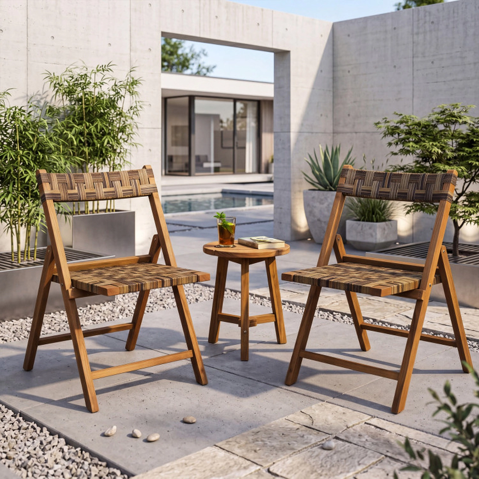 SUGIFT Teak Folding Chairs Set of 2 with Hand-Woven Mix Brown Rattan 400-lb Capacity Contoured Back