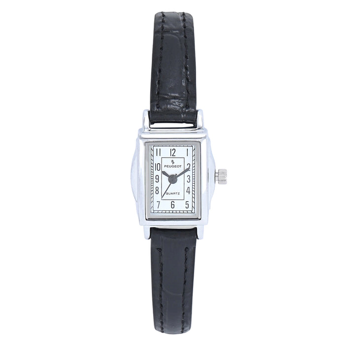 Peugeot Women's Vintage Rectangular Silver Case Small Face Watch with Leather Strap