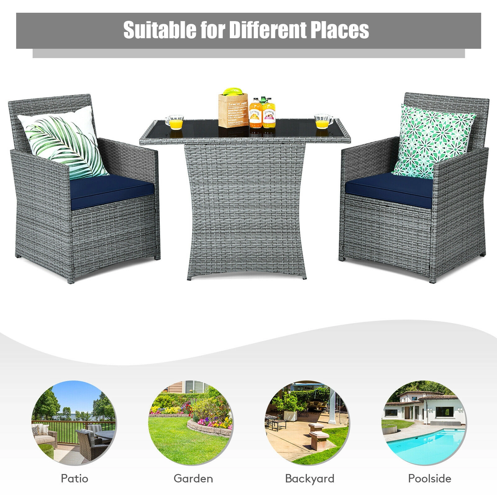 SUGIFT Patio Rattan Conversation Set with Cushioned Armrest Chairs 110-lb Table and 350-lb Chair Capacity Navy Cushion