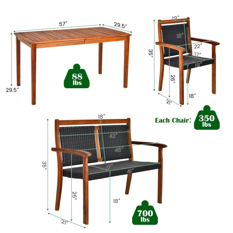 Hivvago 4 Pieces Acacia Wood Patio Rattan Dining Furniture Set
