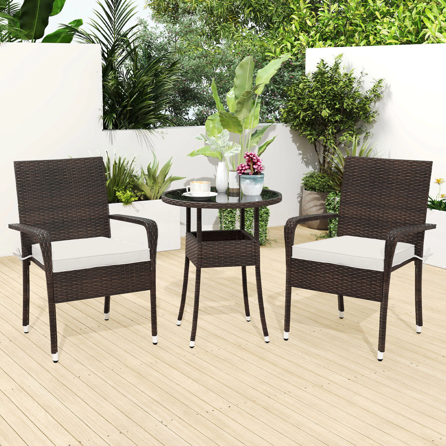 LJG 3-Piece Patio Furniture Set PE Rattan Wicker Chairs with Tempered Glass Top Table