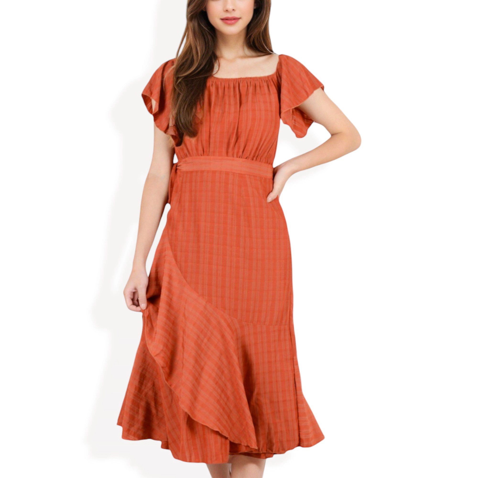 Anna-Kaci Women's Off Shoulder Plaid Flutter Sleeve Asymmetrical Hem Midi Dress