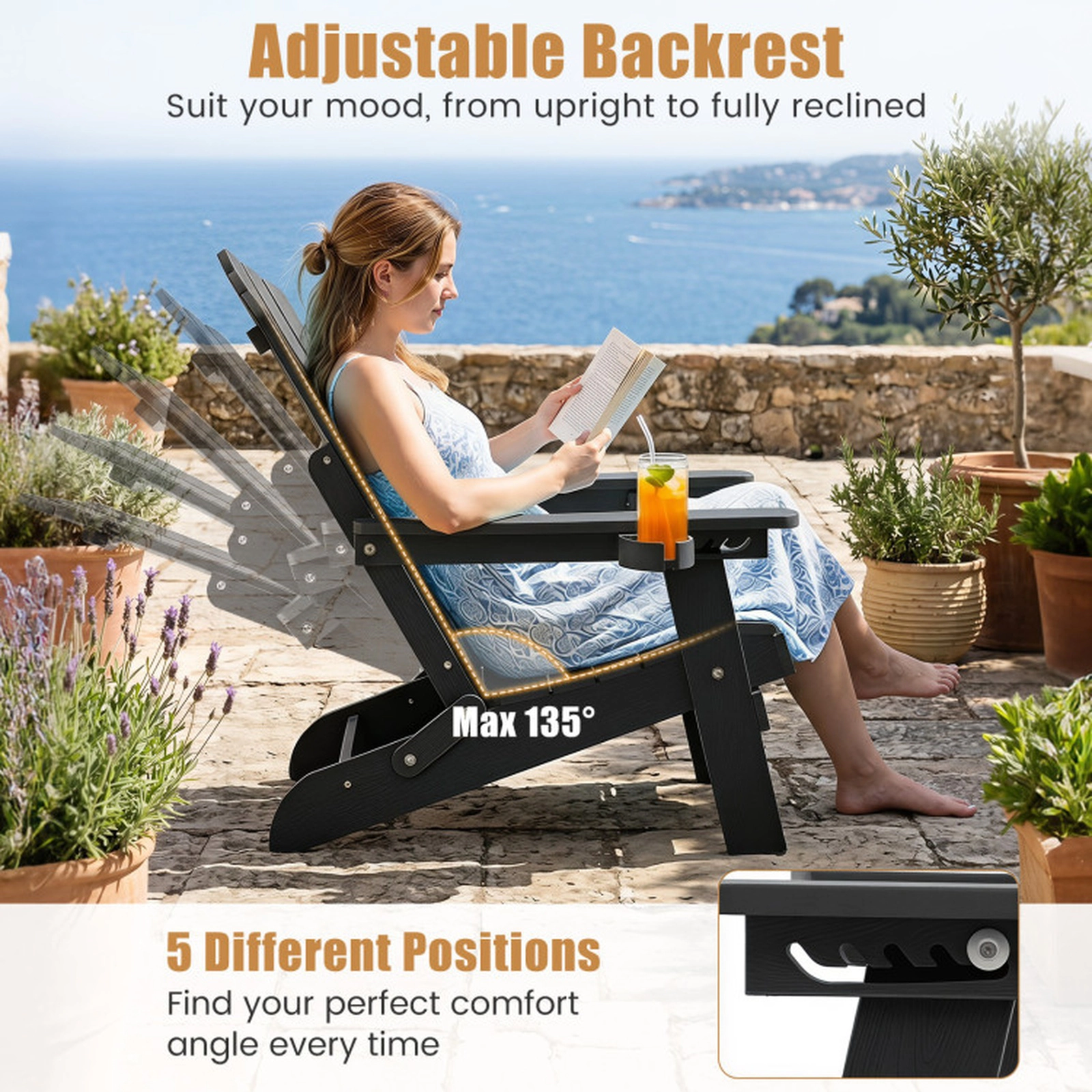 SUGIFT Black Cup Holder and 5-Level Backrest Set of 2 Outdoor Folding Adirondack Chairs