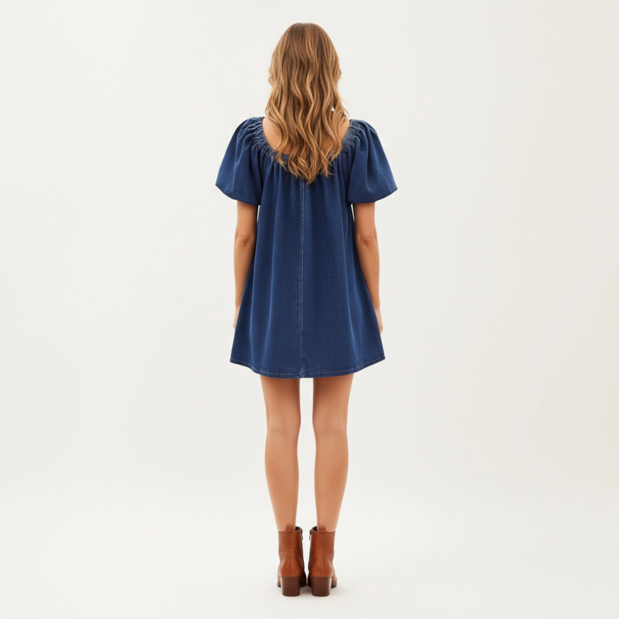 Anna-Kaci Women's Puff Sleeve Denim A-Line Babydoll Dress