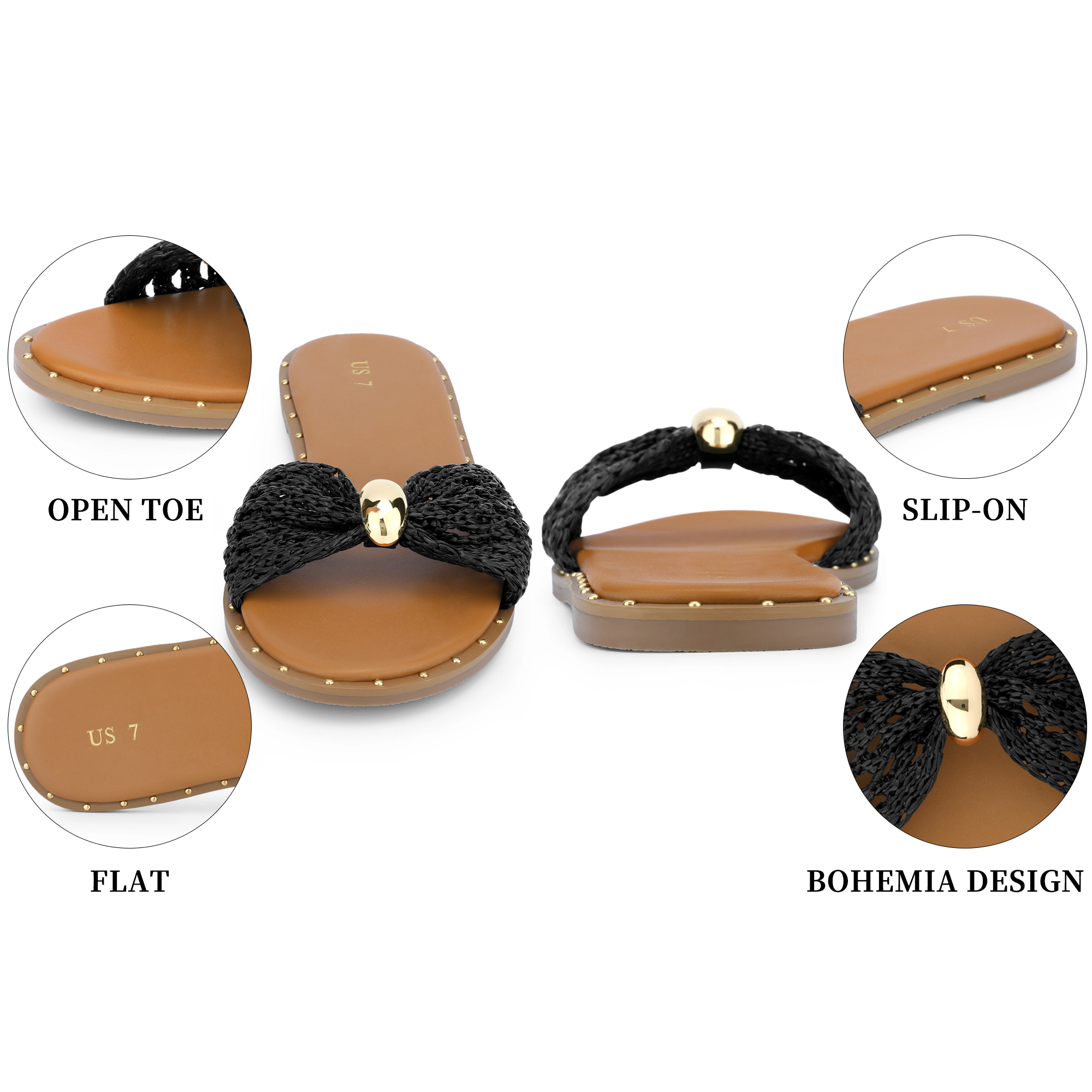BLISSFUL STEP Women's Raffia Knot Open Toe Slippers Slip-On Slides Flats Sandal