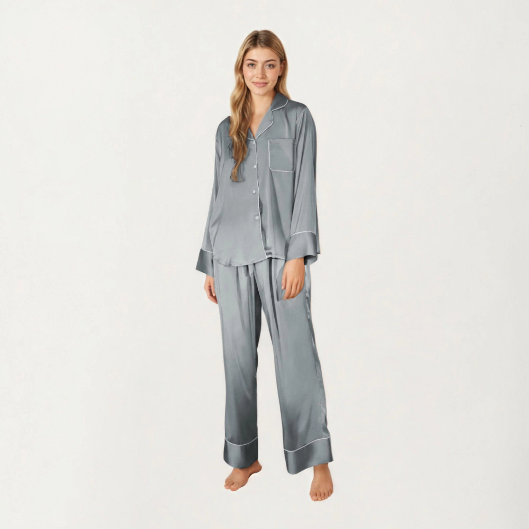 Anna-Kaci Women's 2-Piece Satin Long Sleeve Button Front Pajama Top and Relaxed Fit Pants