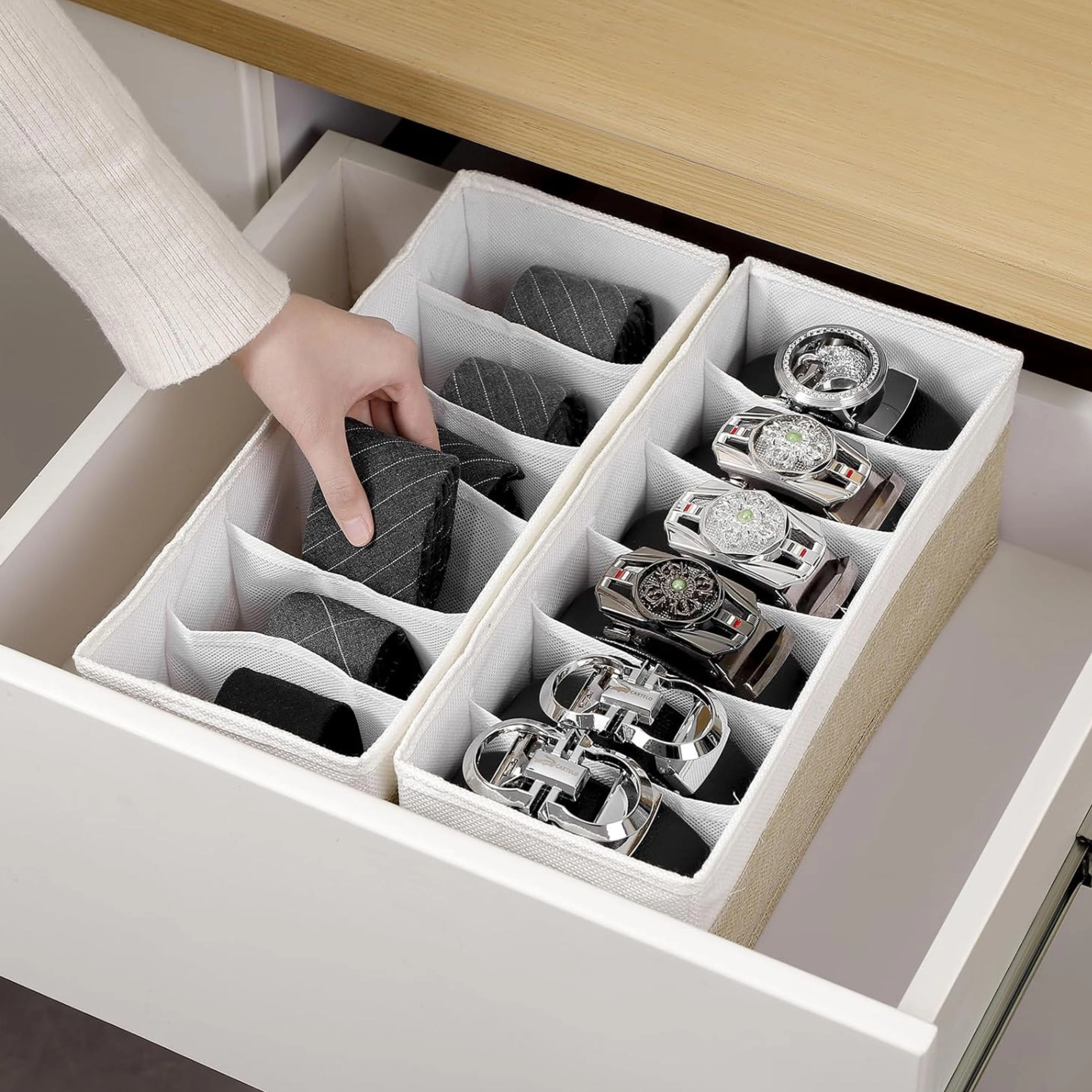 Stock Preferred Pack of 3 Fabric Belt Organizer with 6 Grid Foldable Closet Drawer Storage