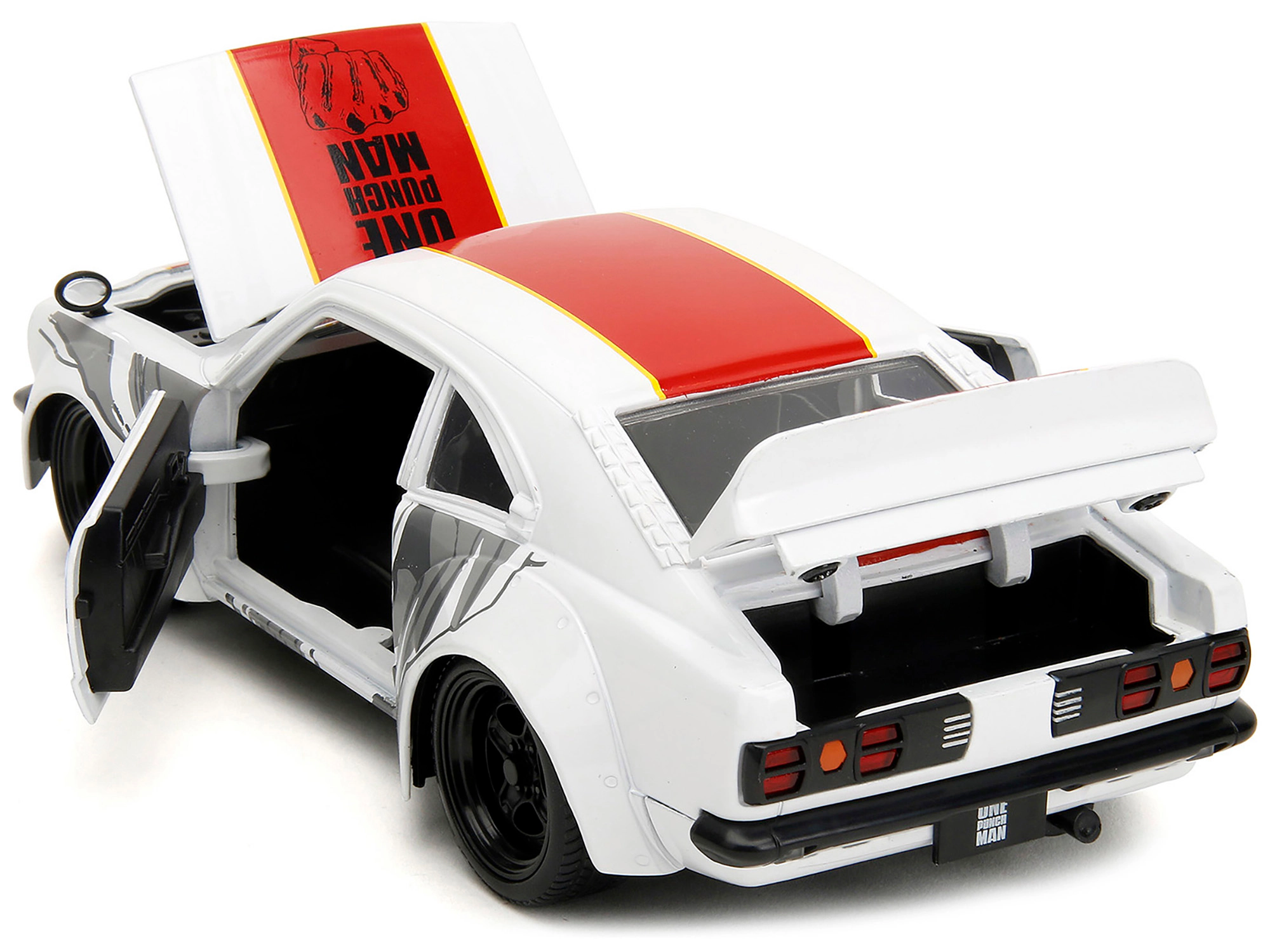 Jada 1974 Mazda RX-3 White with Red Stripe and Graphics and Saitama Diecast Figure "One Punch Man" (2015-2019)