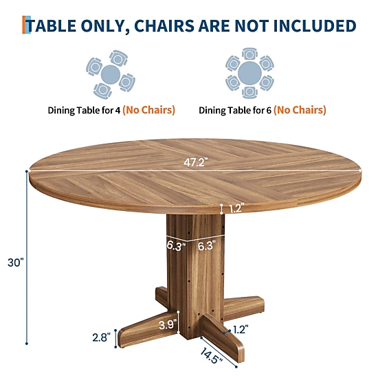 BebreezChic 47" Round Dining Table for 4-6 People, Wood Kitchen Table with Pedestal Base, Farmhouse Style