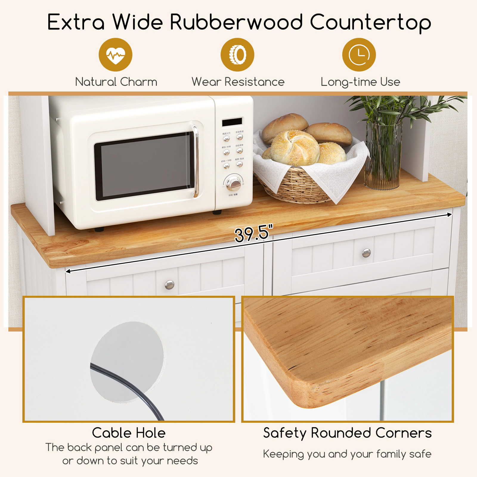 Glintex 68-Inch Tilt-Out Trash Cabinet with Rubberwood Top and Glass Hutch, White + Natural