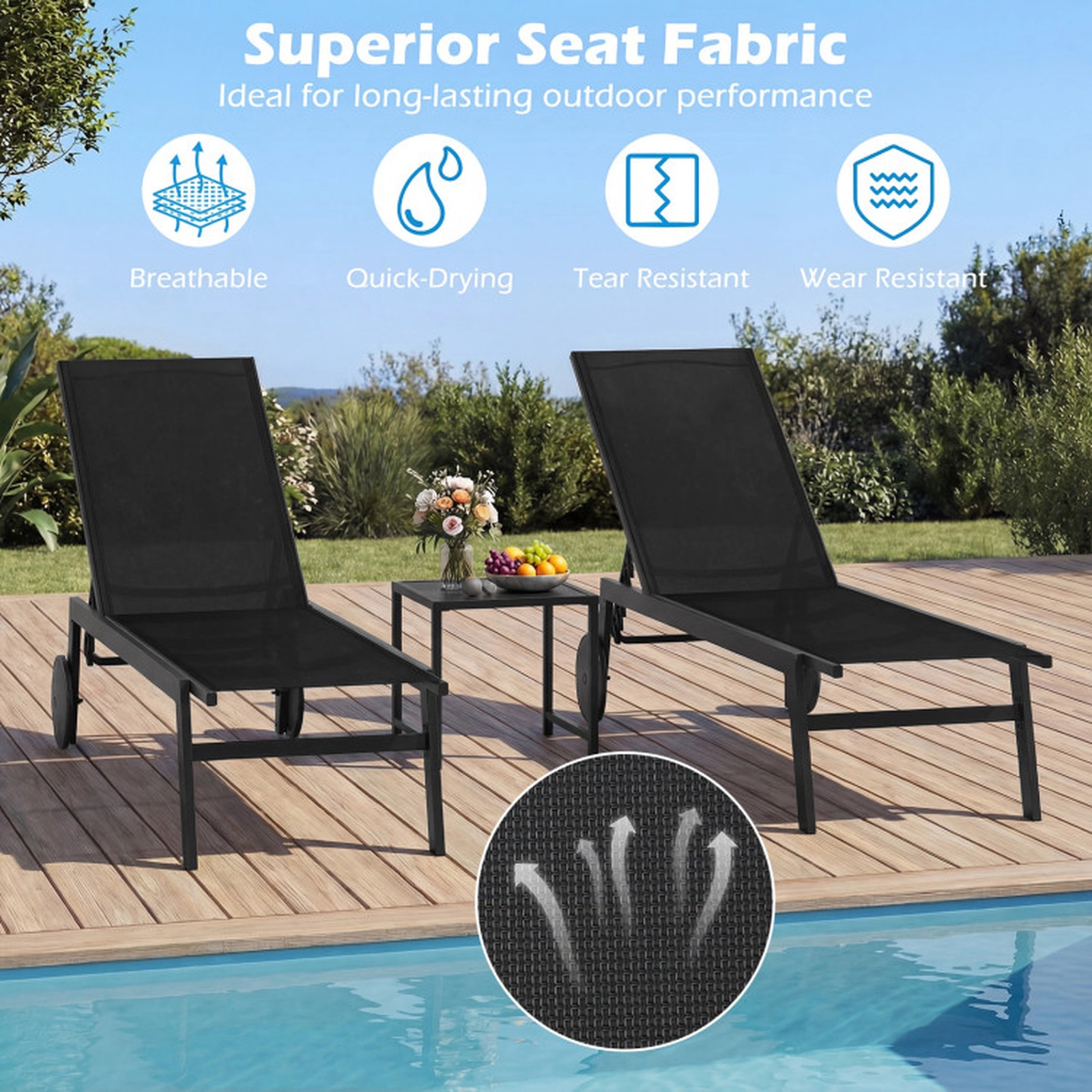 SUGIFT Patio Chaise Lounge Chair with Wheels and 6-Level Adjustable Backrest 330-lb Capacity Set of 2 Black