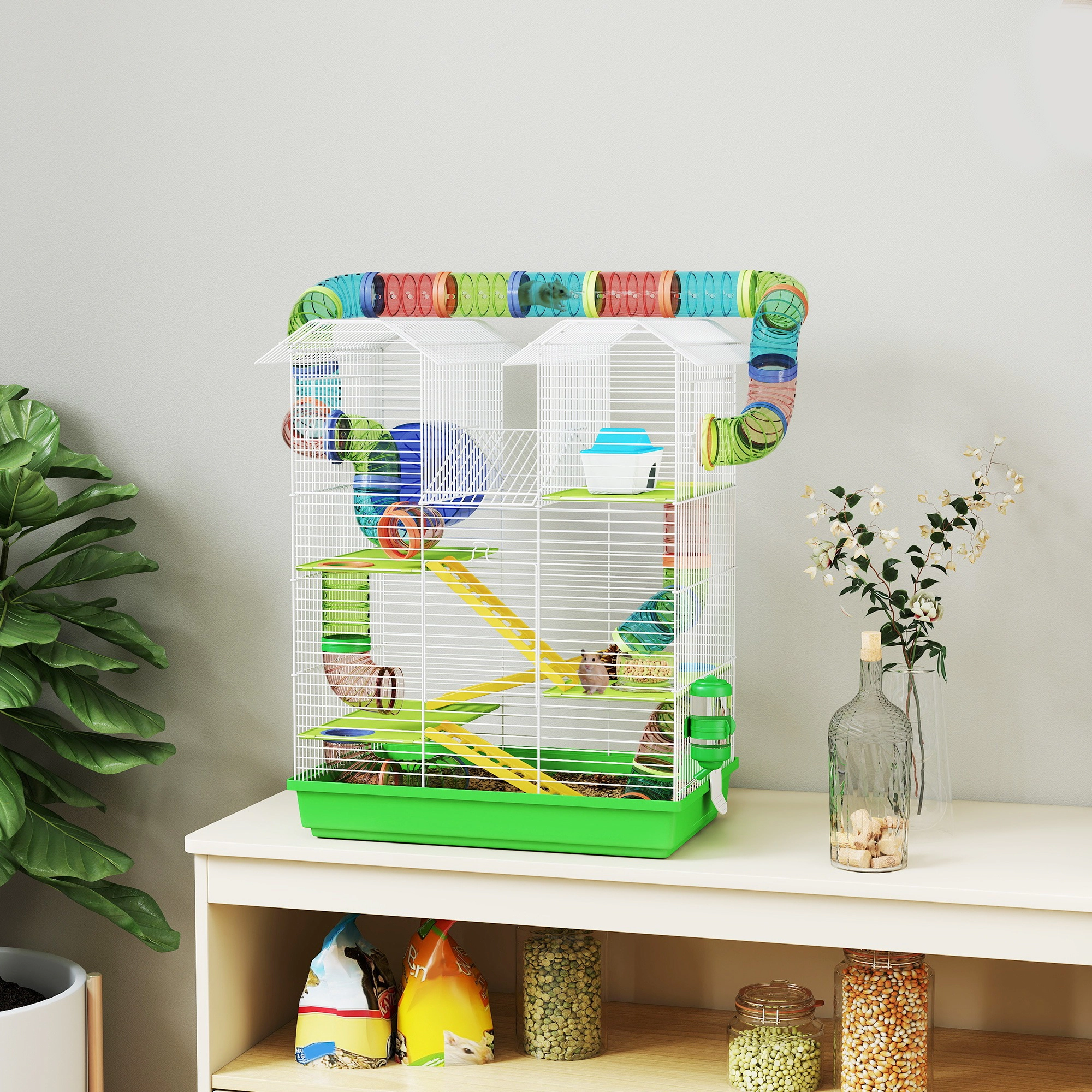 HONGGE 18.5" 5 Tier Hamster Cage with Tubes and Tunnels Small Animal Rat Gerbil Water Bottle Food Dish