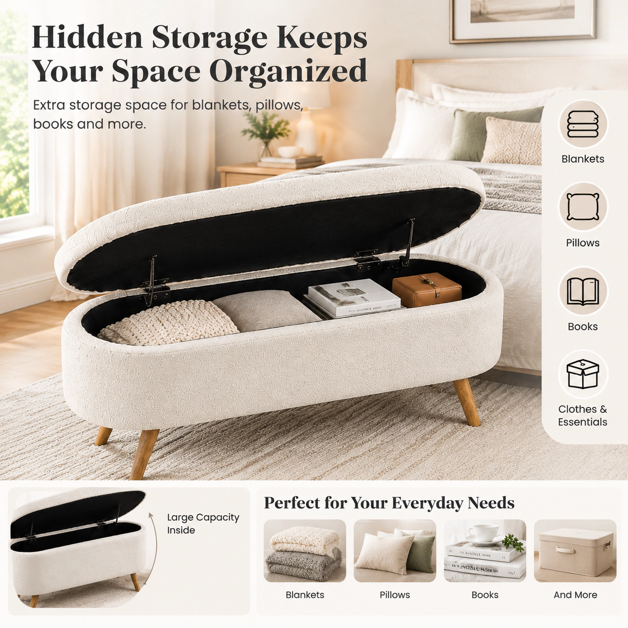 RENDGO 43.5 in Storage Ottoman Bench for Bedroom Living Room Window Beige with Safety Hinge Bed End Bench