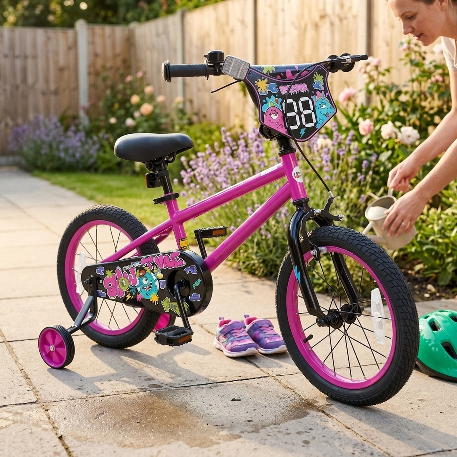 16-in Girls Bike with Training Wheels Tool-Free Seat Clamp and Sealed Chain Cover for Ages 4-7 Number Plate Kids Bicycle